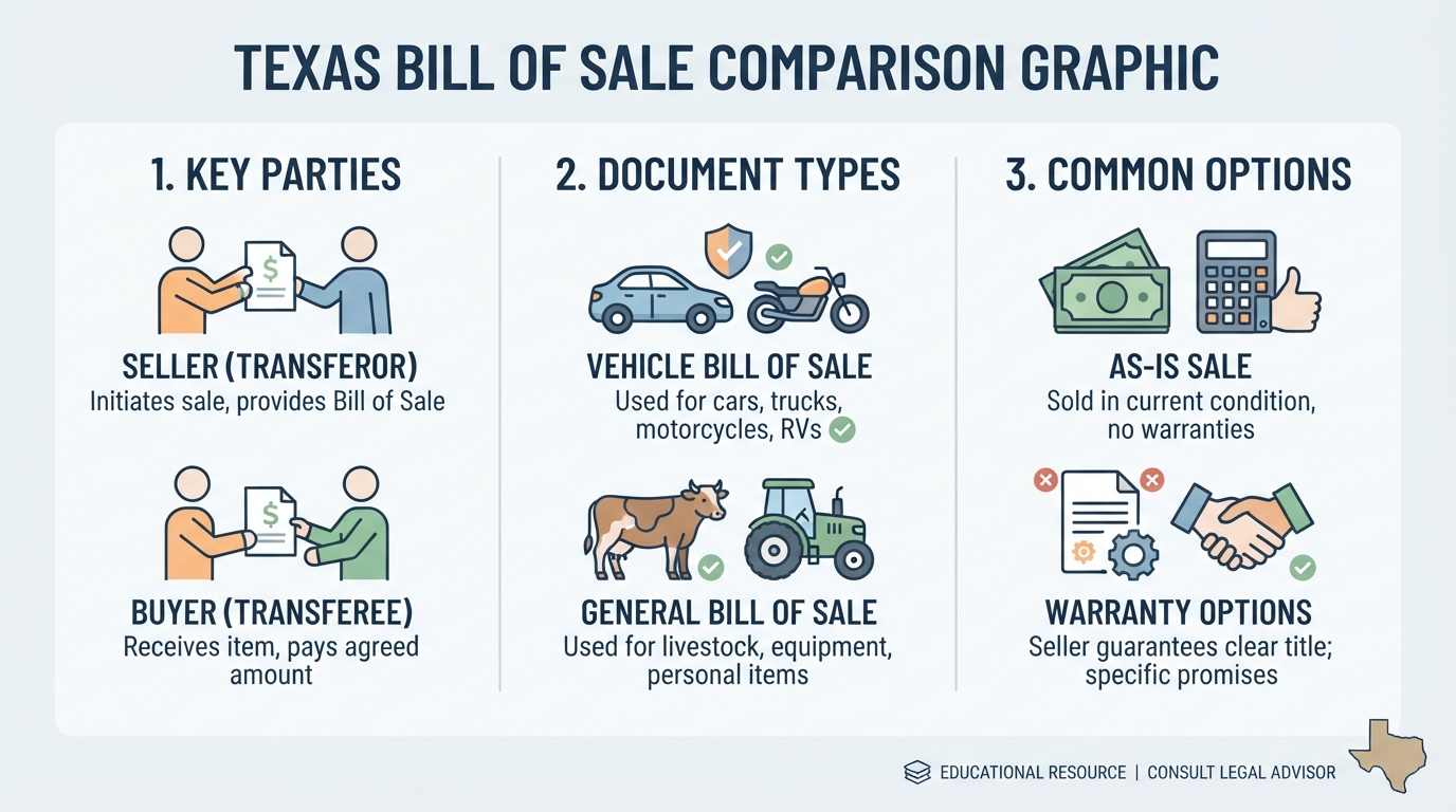 Comparison graphic explaining concepts related to a Texas Bill of Sale.