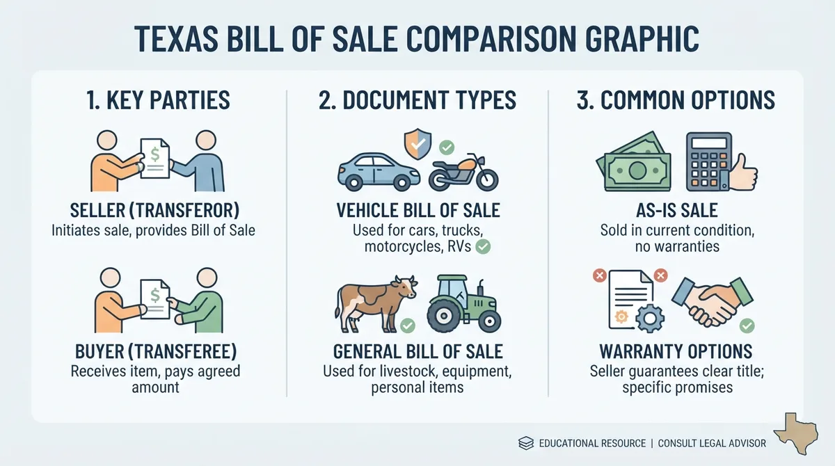 Comparison graphic explaining concepts related to a Texas Bill of Sale.
