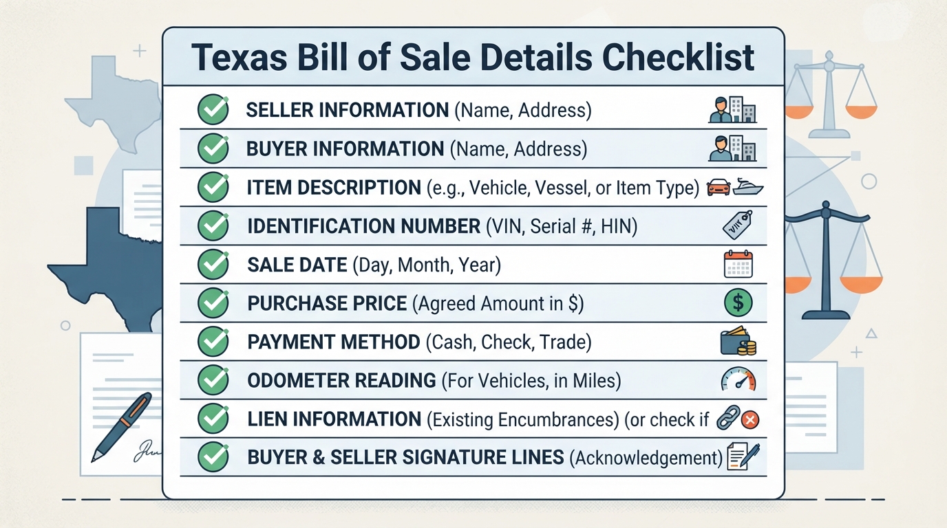 Checklist of details commonly addressed in a Texas Bill of Sale.