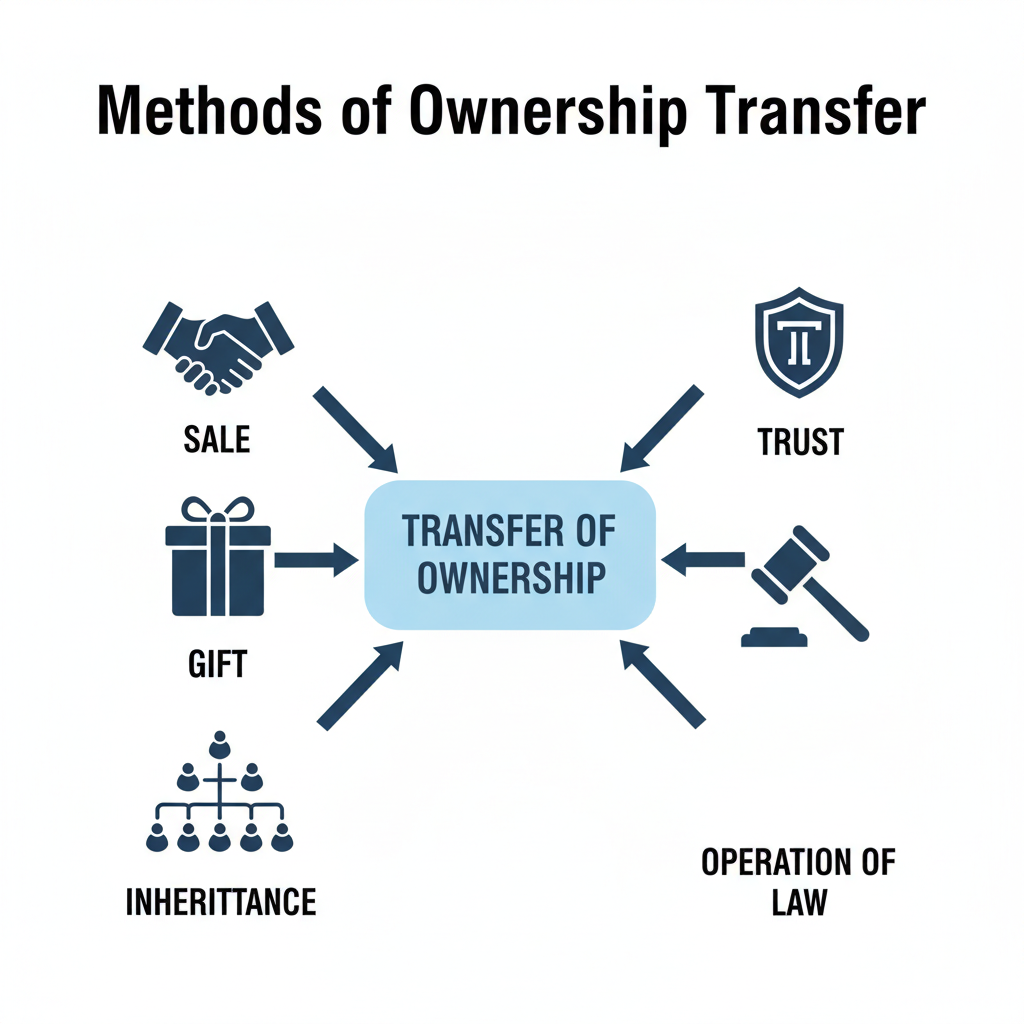 Diagram illustrating five common legal methods for transferring ownership: Sale, Gift, Inheritance, Trust, and Operation of Law.