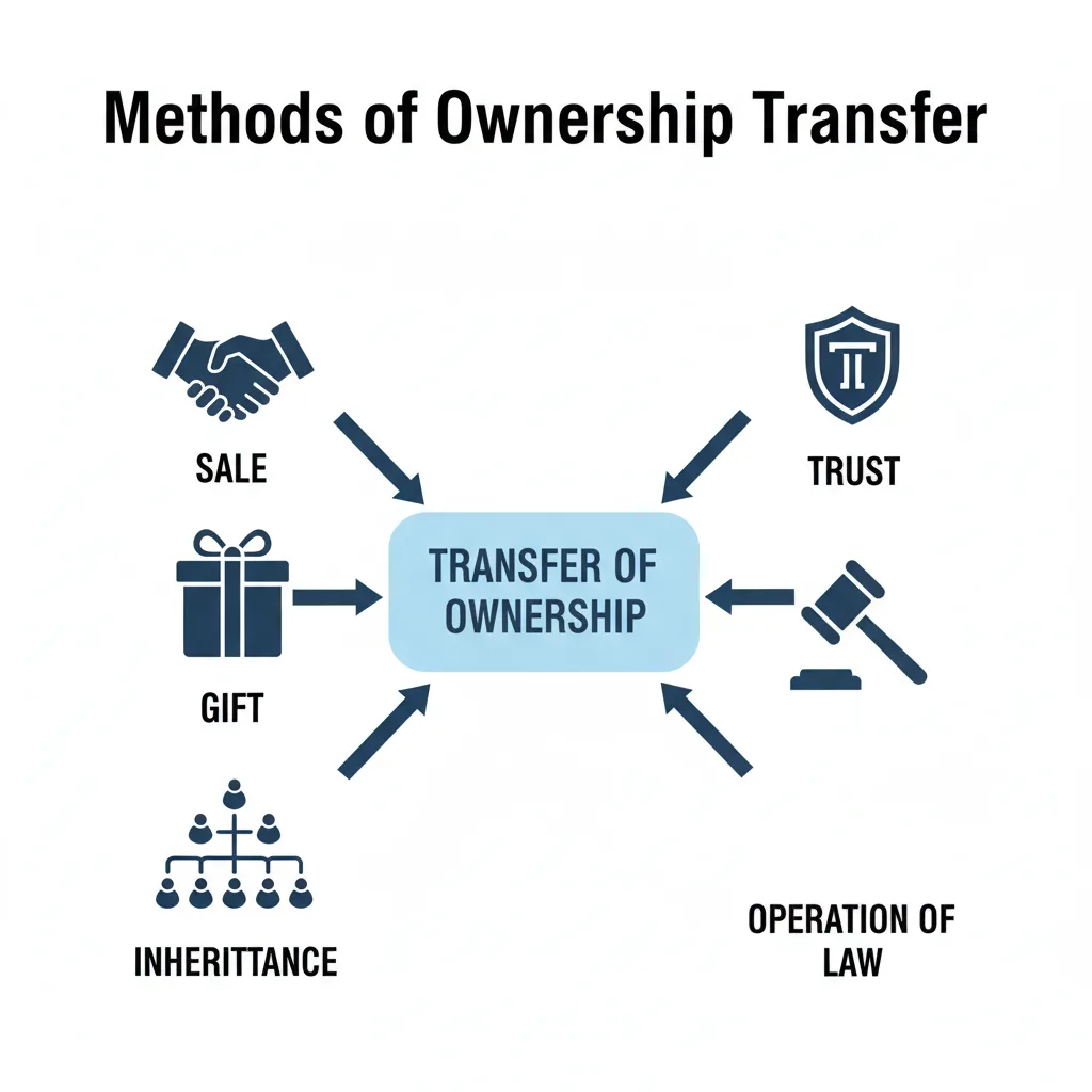 Diagram illustrating five common legal methods for transferring ownership: Sale, Gift, Inheritance, Trust, and Operation of Law.