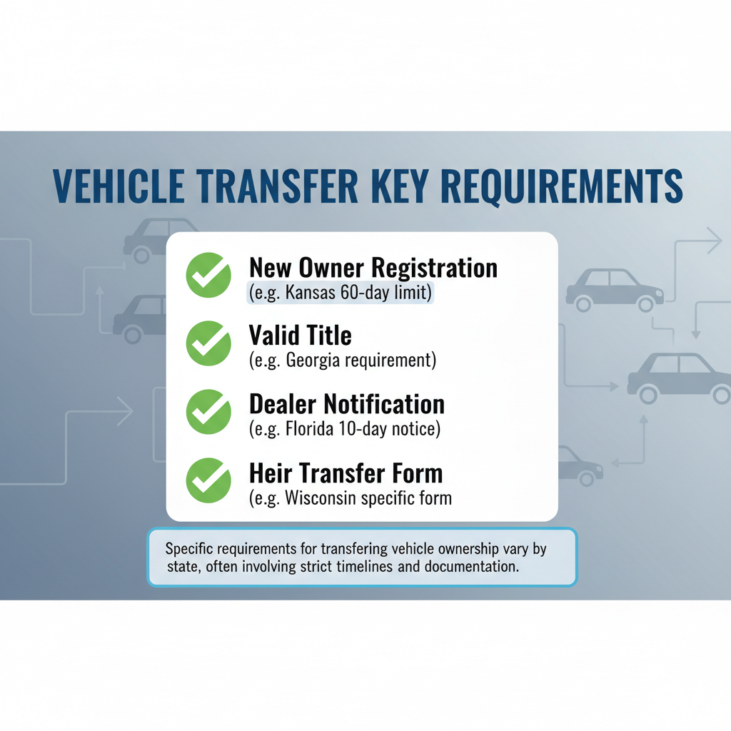 Checklist of key requirements for vehicle ownership transfer, including new owner registration deadlines, valid title, dealer notification, and specific forms for heir transfers.