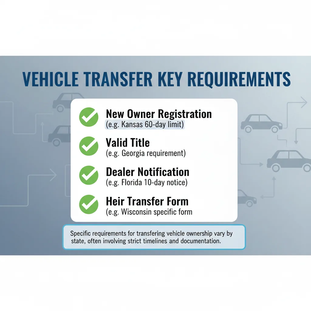 Checklist of key requirements for vehicle ownership transfer, including new owner registration deadlines, valid title, dealer notification, and specific forms for heir transfers.