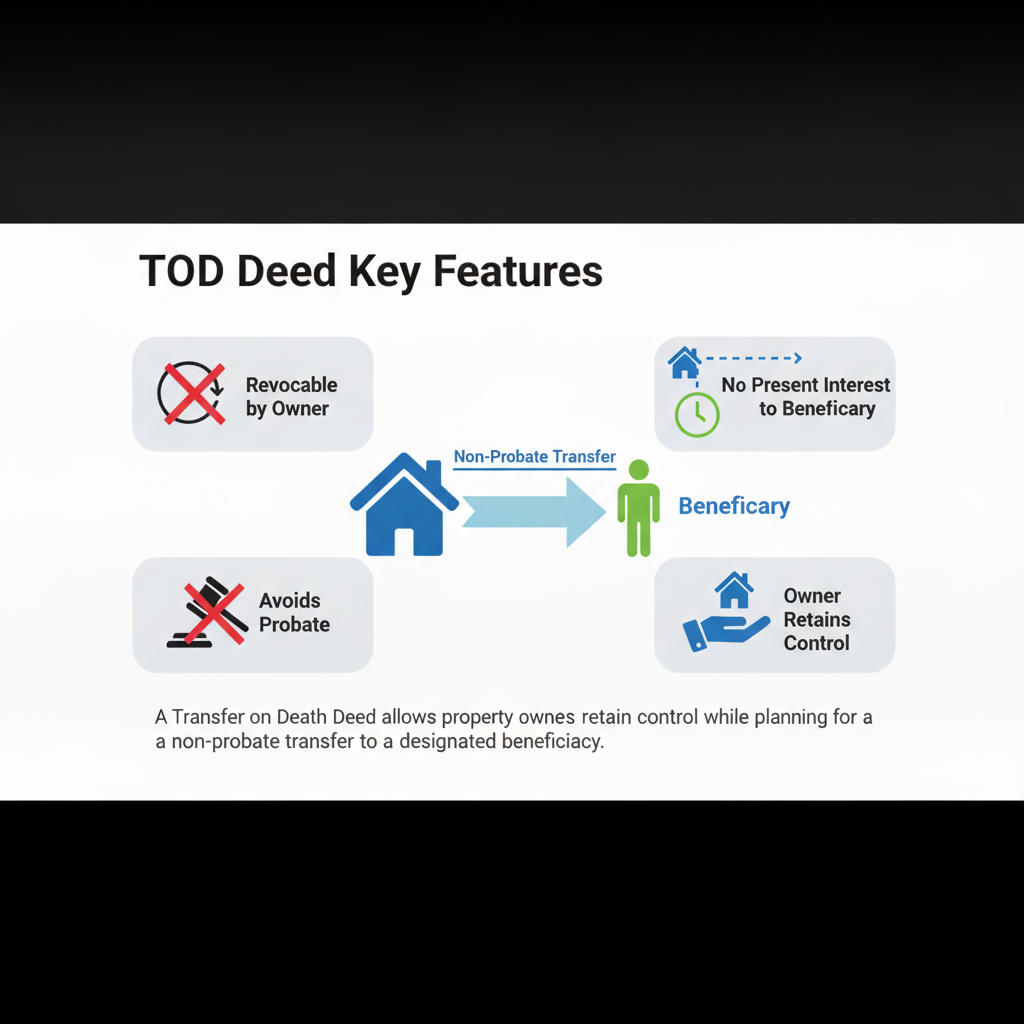 Diagram showing the key features of a Transfer on Death Deed, including revocability, non-probate transfer, and owner control.