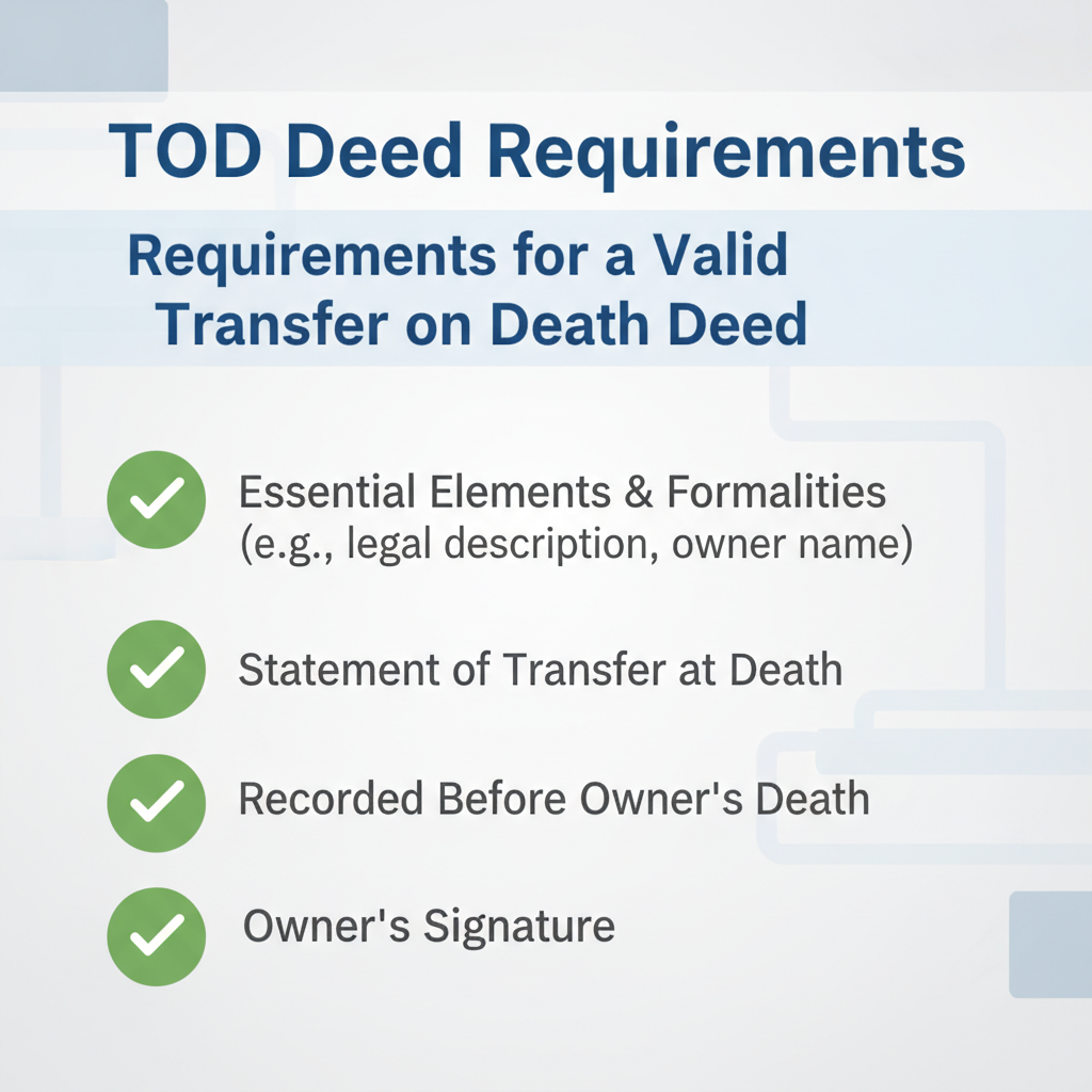 Checklist outlining the requirements for a valid Transfer on Death Deed: essential elements, statement of transfer at death, recording before owner's death, and owner's signature.