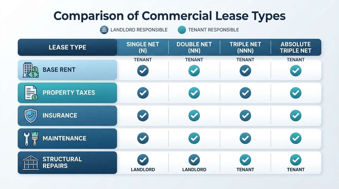 Comparison chart showing expense responsibility for Single Net, Double Net, Triple Net, and Absolute Triple Net leases.