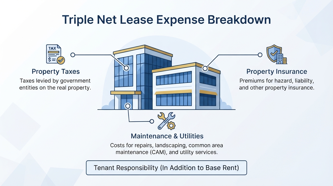 Diagram showing the three core expense components of a triple net lease: property taxes, insurance, and maintenance.