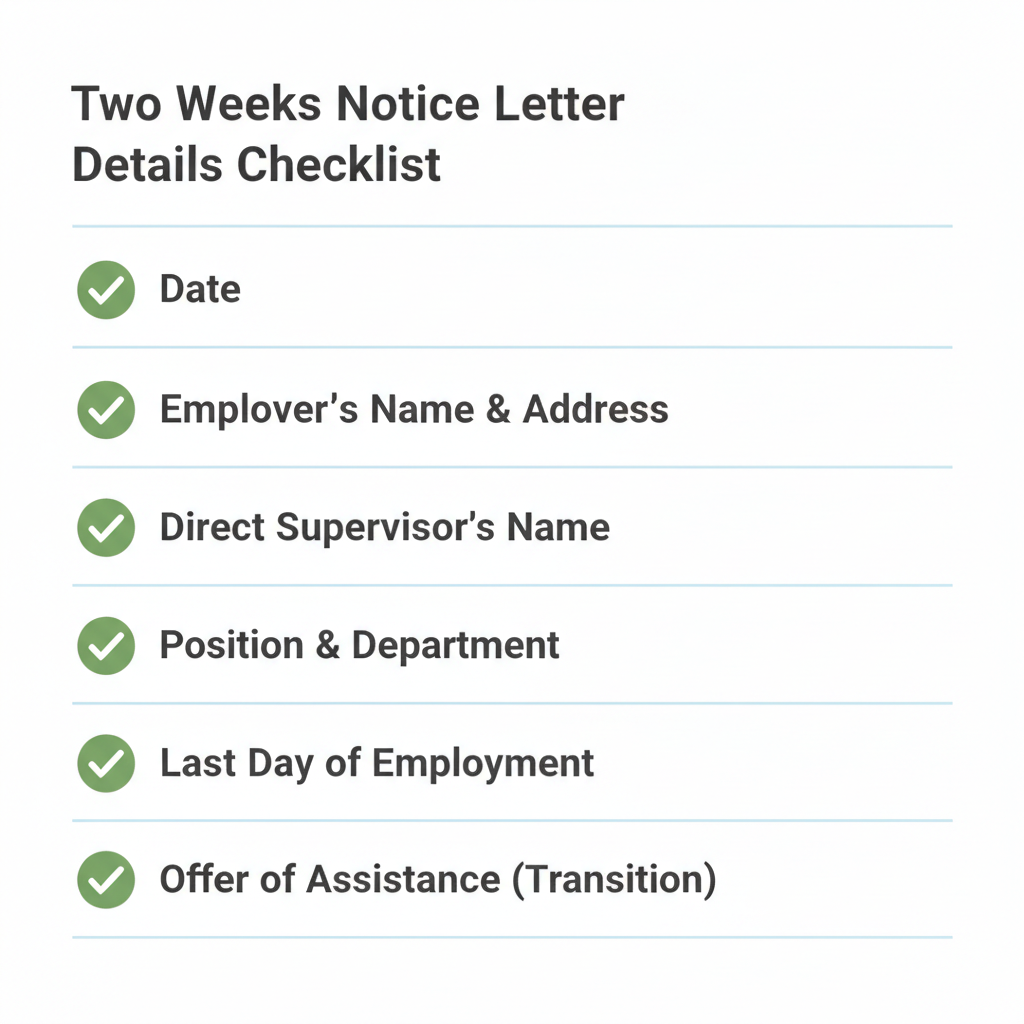 Checklist of details commonly addressed in a Two Weeks Notice Letter.