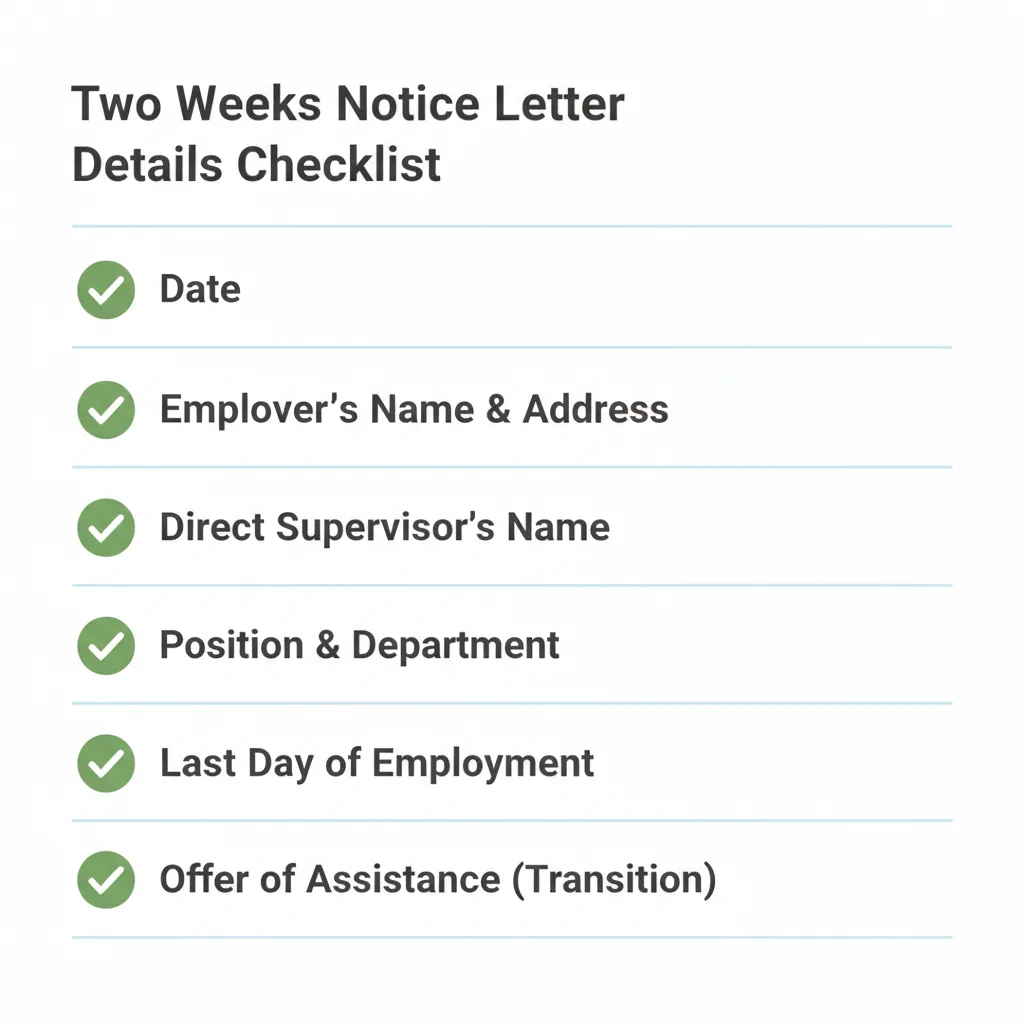 Checklist of details commonly addressed in a Two Weeks Notice Letter.