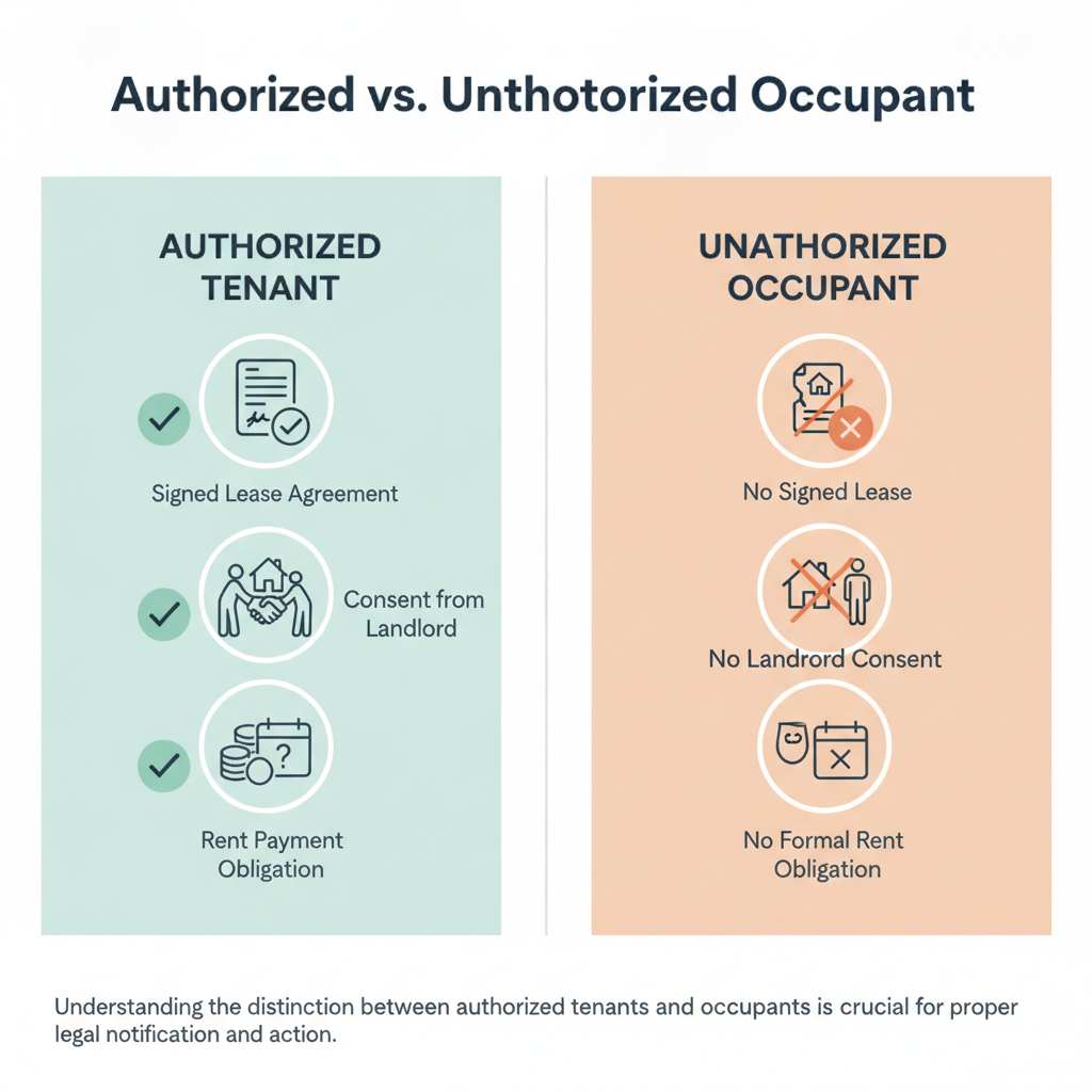 Comparison graphic illustrating the differences between an authorized tenant and an unauthorized occupant based on lease agreement, landlord consent, and rent obligations.