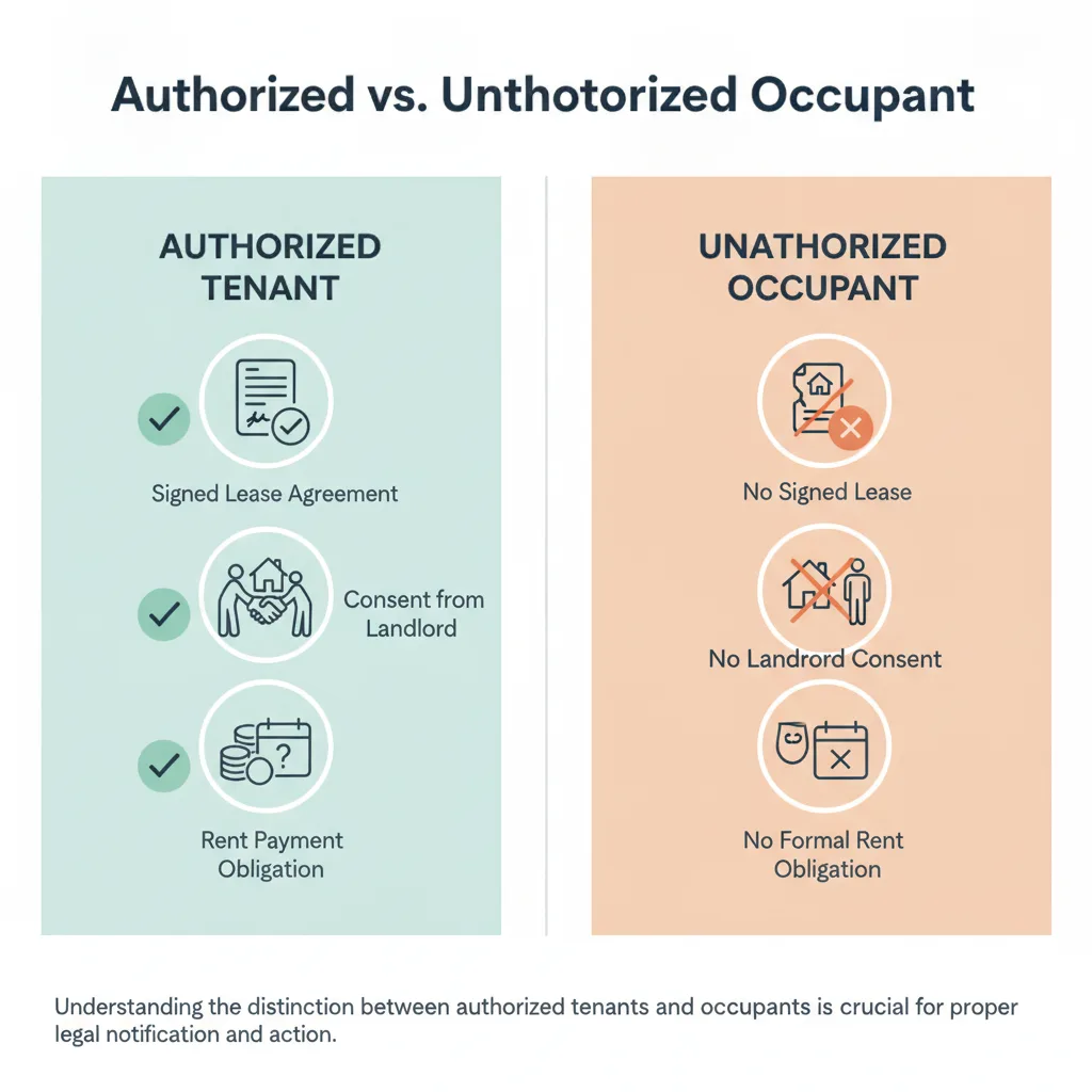 Comparison graphic illustrating the differences between an authorized tenant and an unauthorized occupant based on lease agreement, landlord consent, and rent obligations.