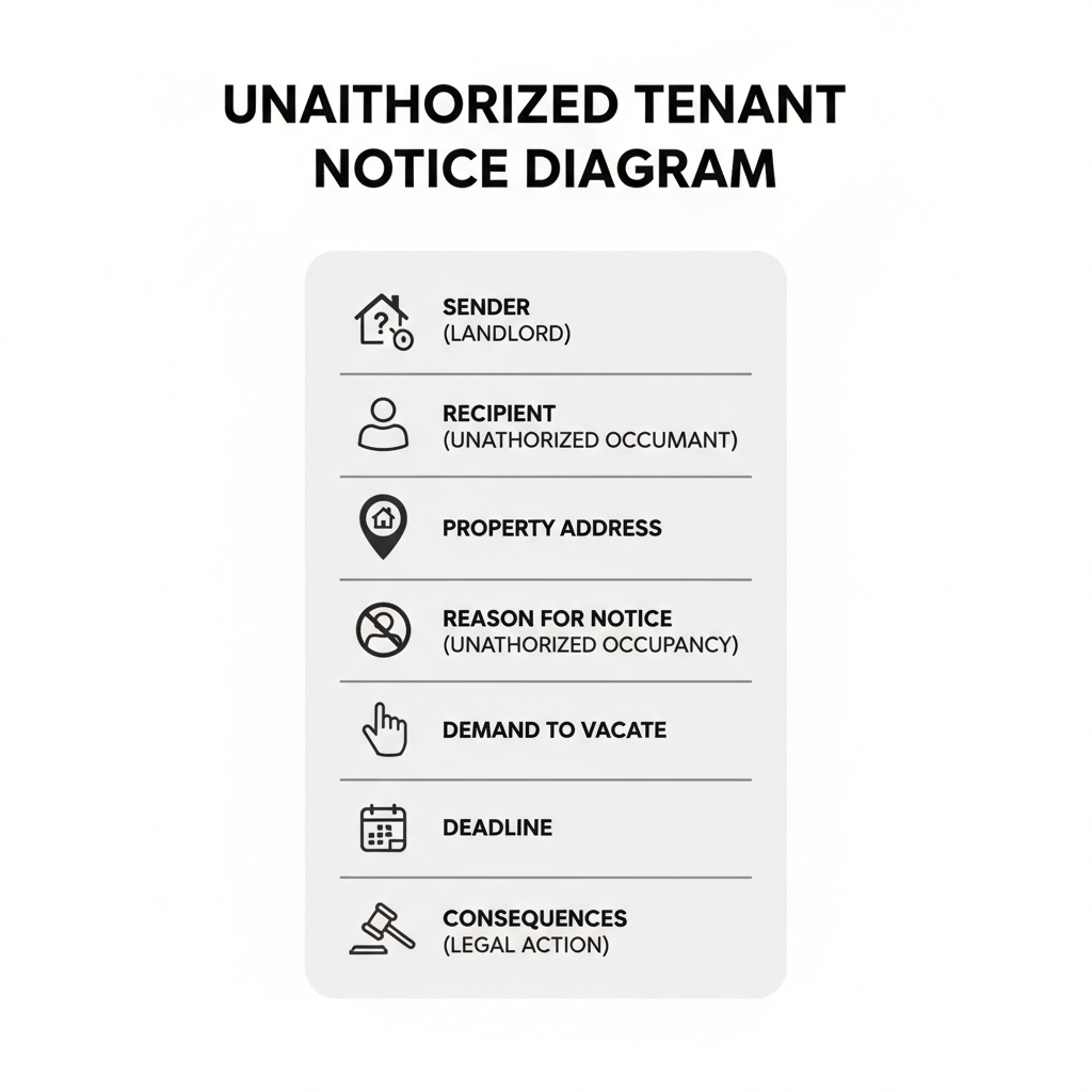 Diagram showing the essential sections of an Unauthorized Tenants Notice, including landlord, occupant, property, reason, demand, deadline, and consequences.