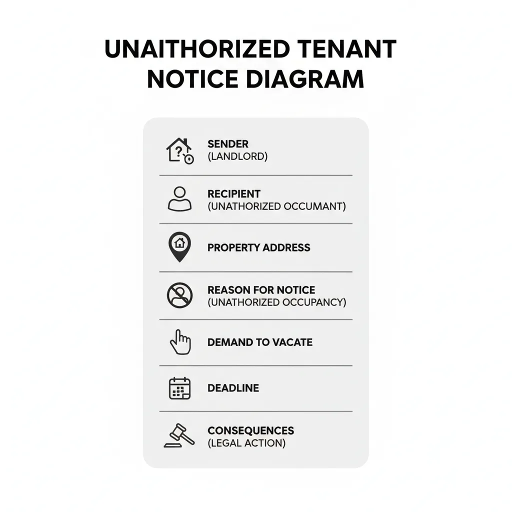 Diagram showing the essential sections of an Unauthorized Tenants Notice, including landlord, occupant, property, reason, demand, deadline, and consequences.