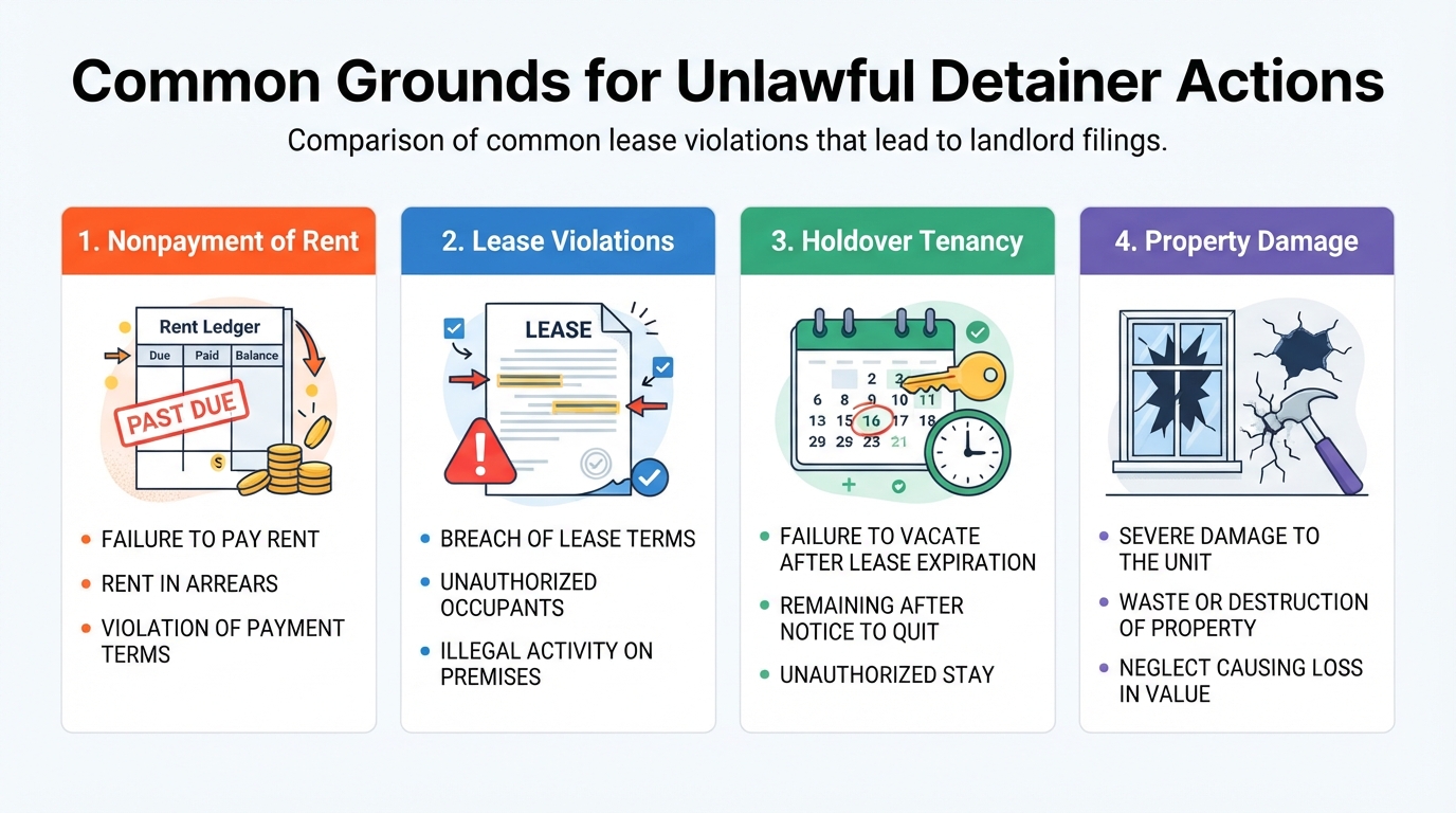 Comparison grid showing the primary reasons landlords file unlawful detainer actions.