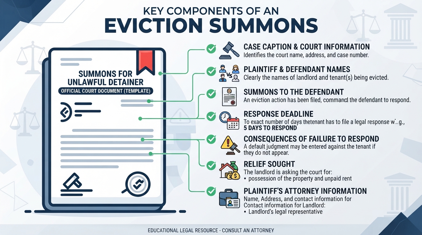 Infographic checklist showing the key components required in an eviction summons.