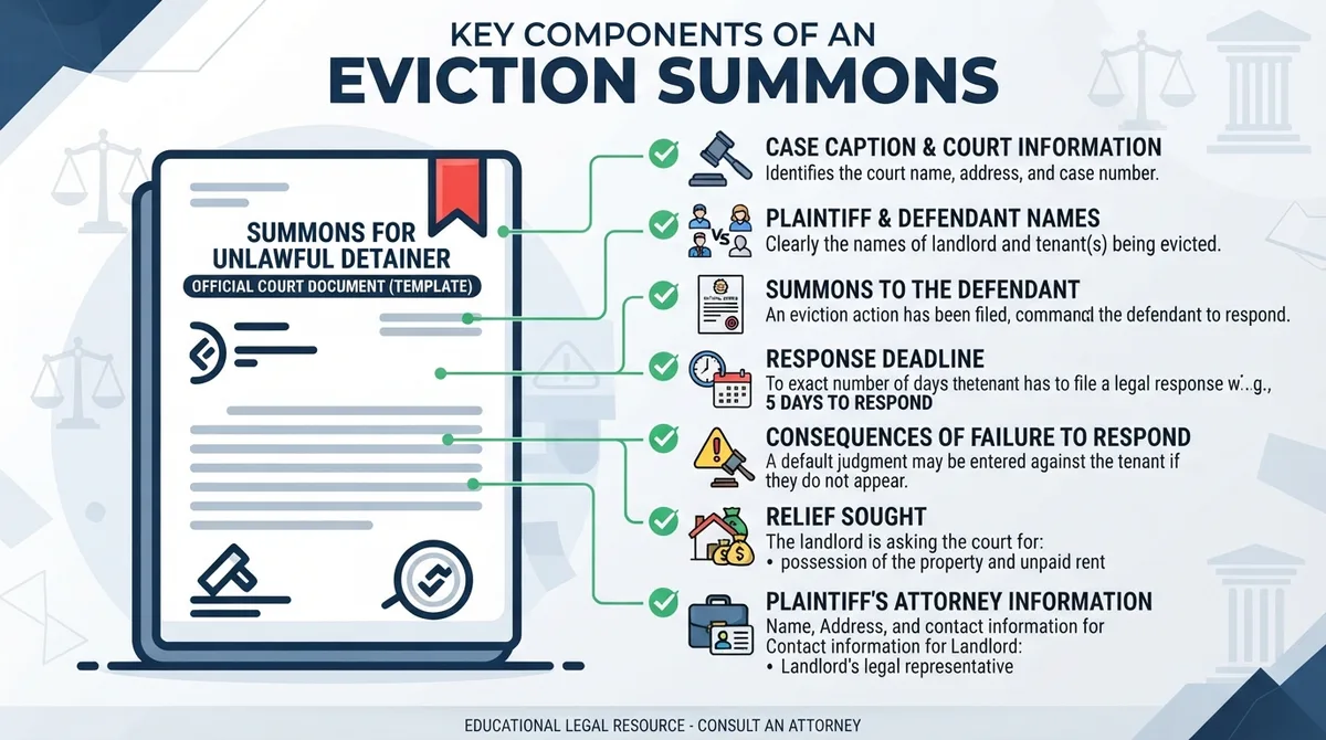 Infographic checklist showing the key components required in an eviction summons.
