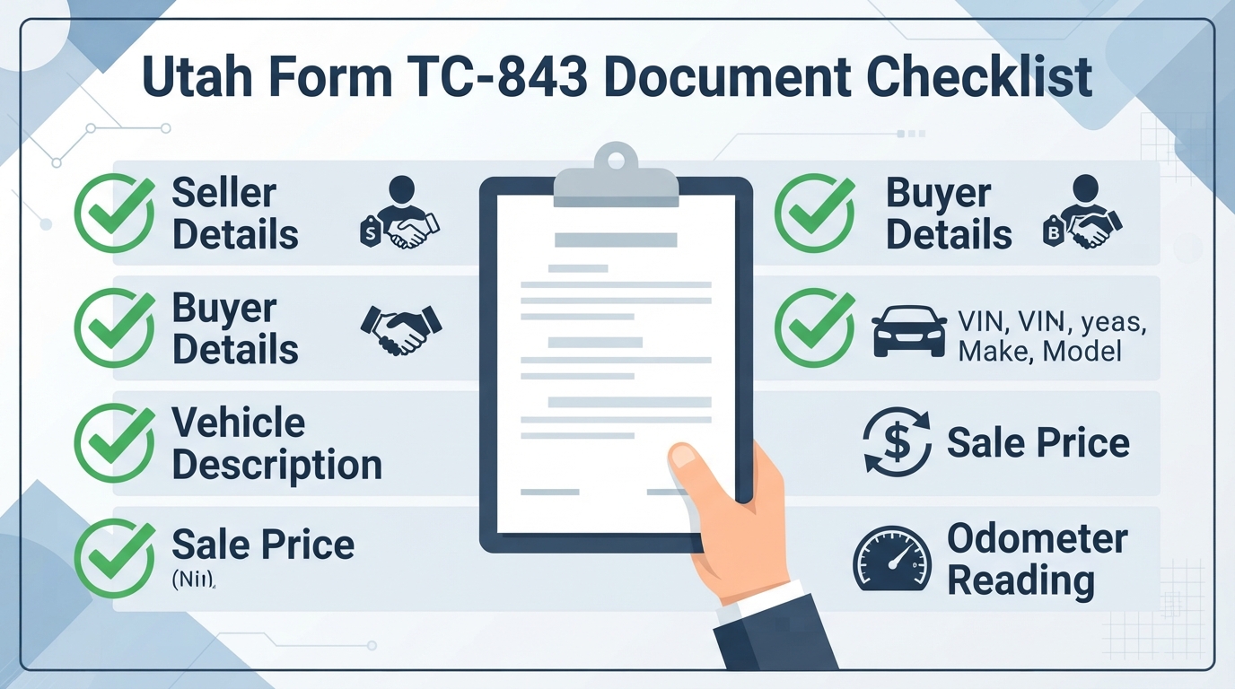 A professional graphic checklist outlining the required details for a Utah Bill of Sale