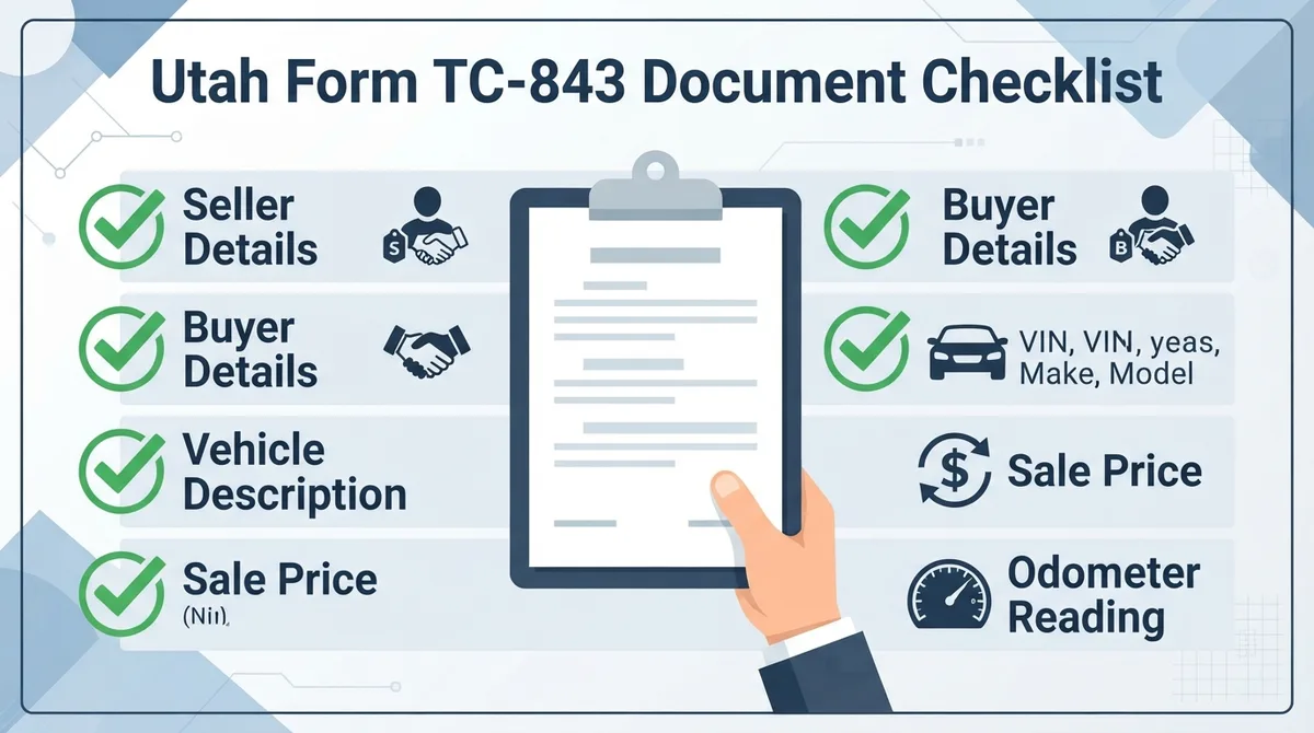 A professional graphic checklist outlining the required details for a Utah Bill of Sale