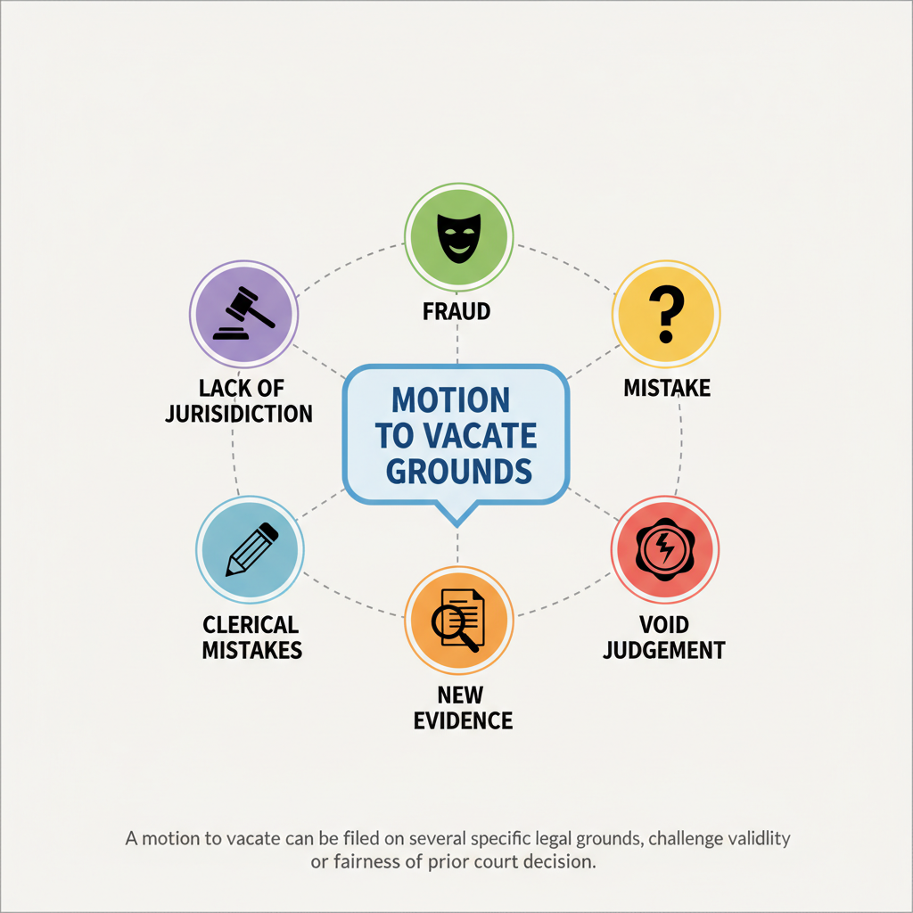 Diagram showing various legal grounds that can lead to a motion to vacate, including lack of jurisdiction, fraud, mistake, new evidence, and void judgments.