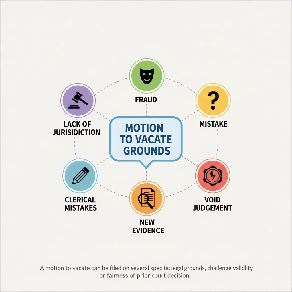 Diagram showing various legal grounds that can lead to a motion to vacate, including lack of jurisdiction, fraud, mistake, new evidence, and void judgments.