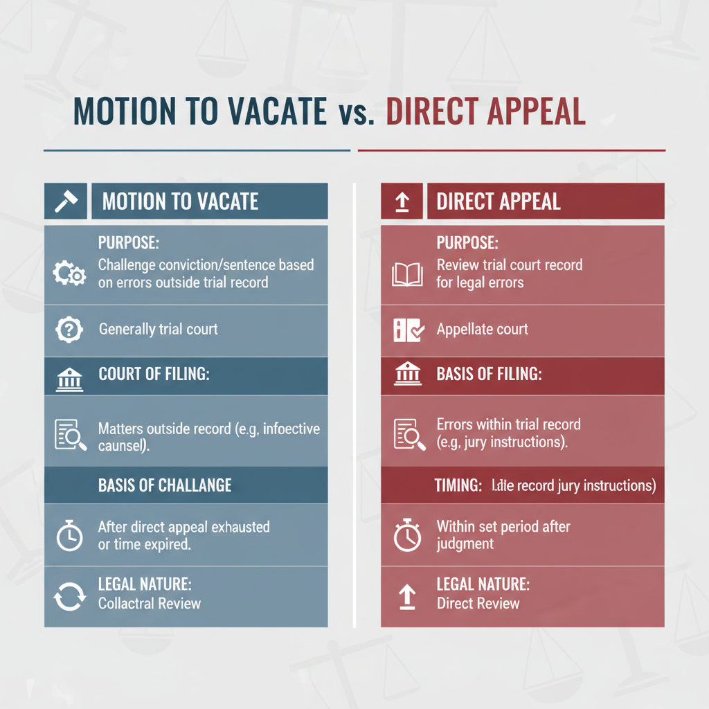 Comparison table outlining the differences between a Motion to Vacate and a Direct Appeal, highlighting their purposes, timing, and legal bases.