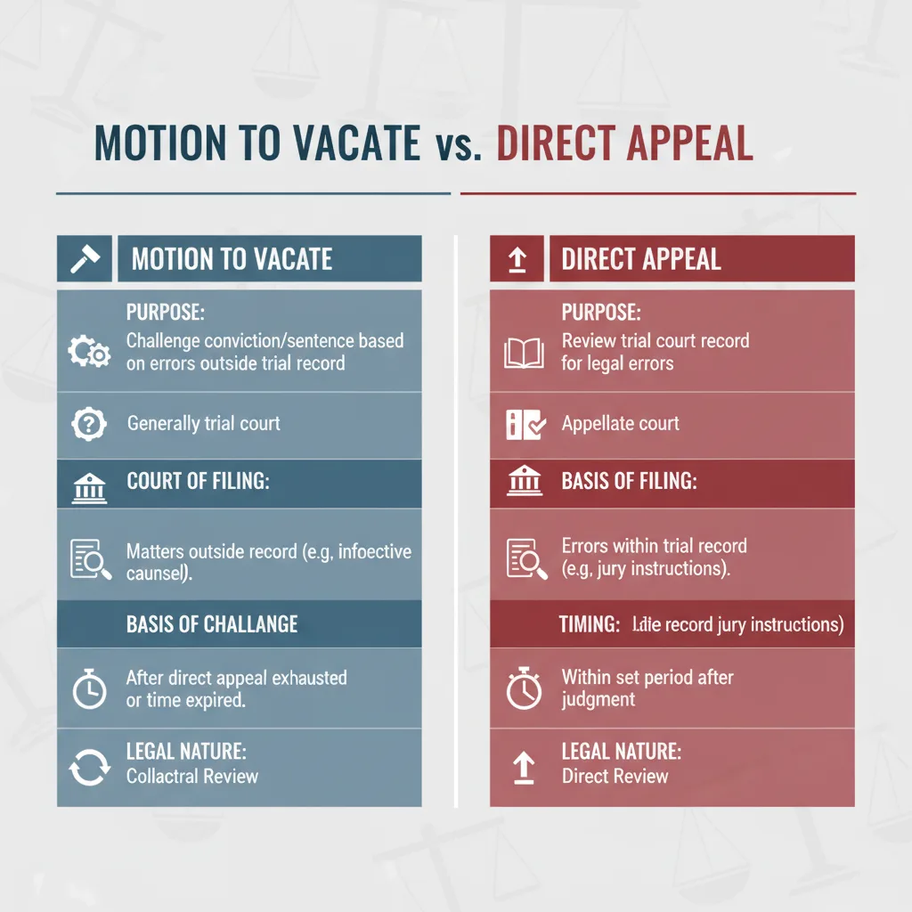Comparison table outlining the differences between a Motion to Vacate and a Direct Appeal, highlighting their purposes, timing, and legal bases.