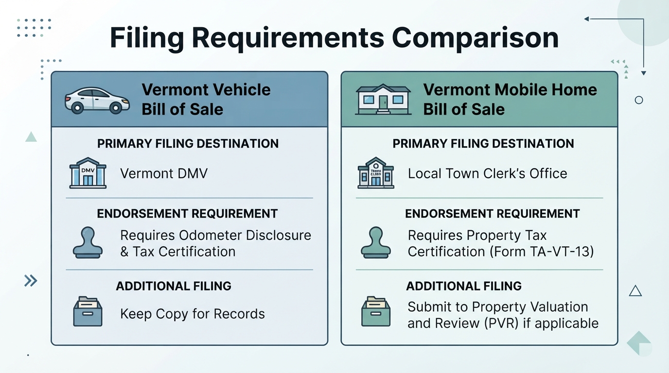Comparison chart of Vermont vehicle and mobile home bill of sale filing requirements.