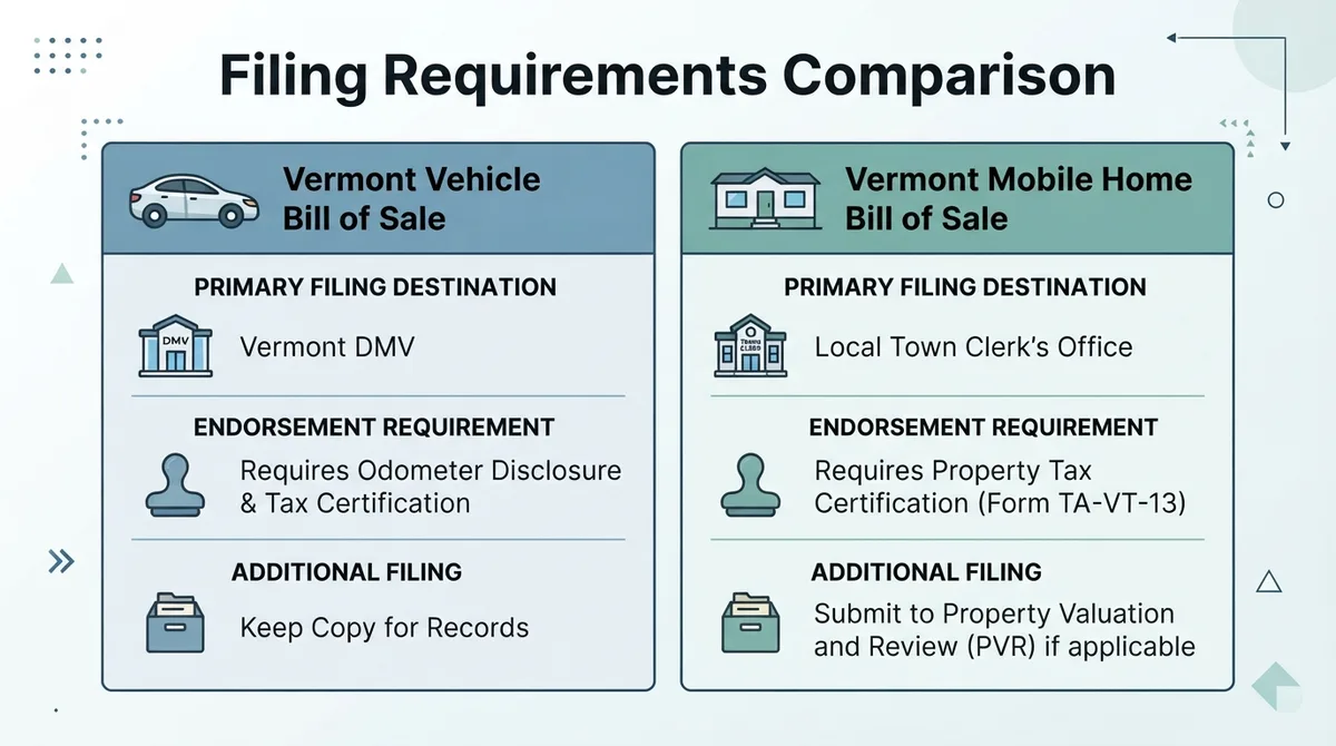 Comparison chart of Vermont vehicle and mobile home bill of sale filing requirements.
