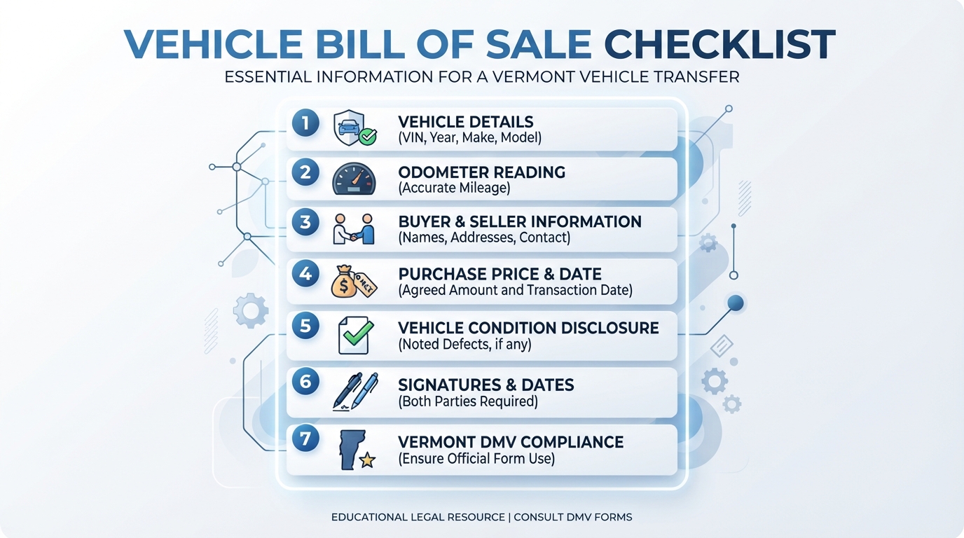 Checklist of required information for a Vermont vehicle bill of sale.