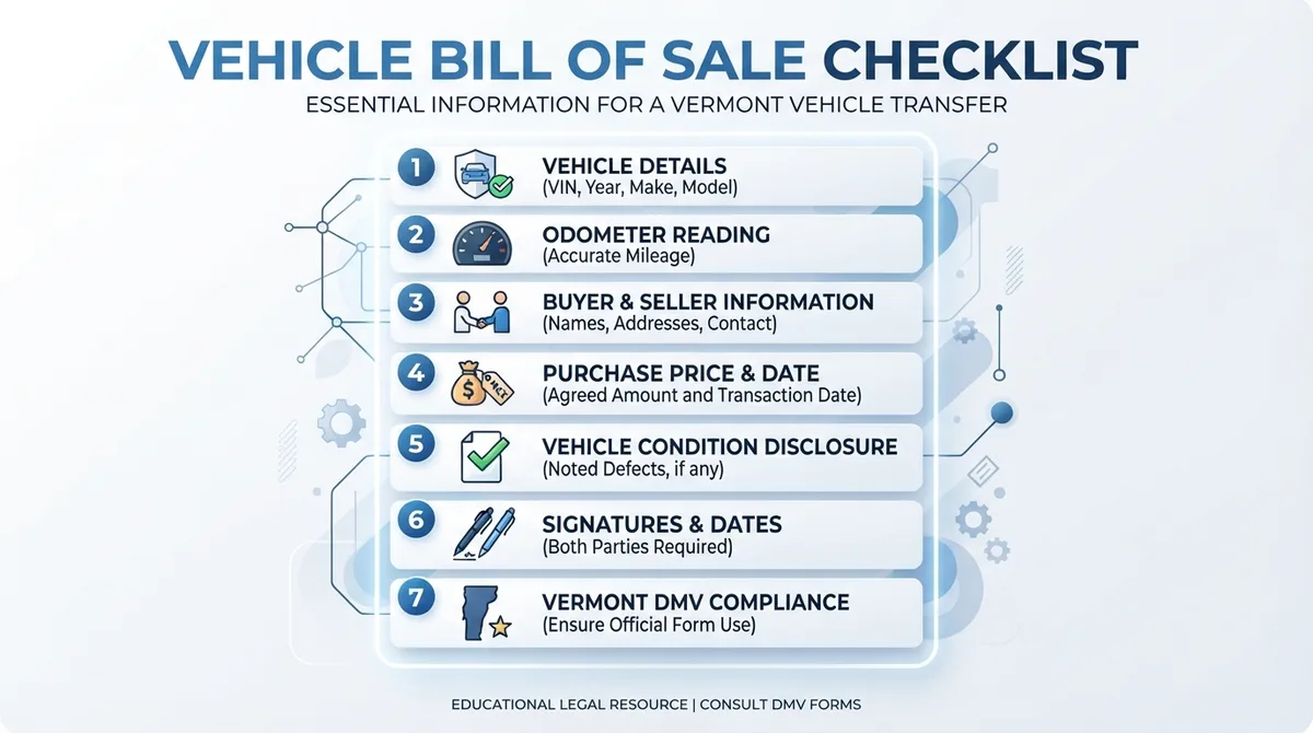 Checklist of required information for a Vermont vehicle bill of sale.