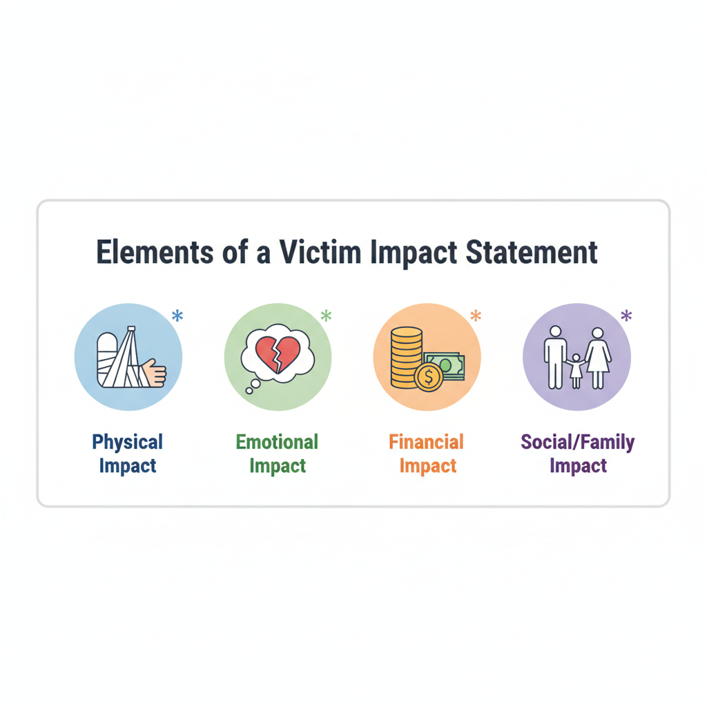 Graphic showing icons representing physical, emotional, financial, and social impacts, which are key elements of a Victim Impact Statement.