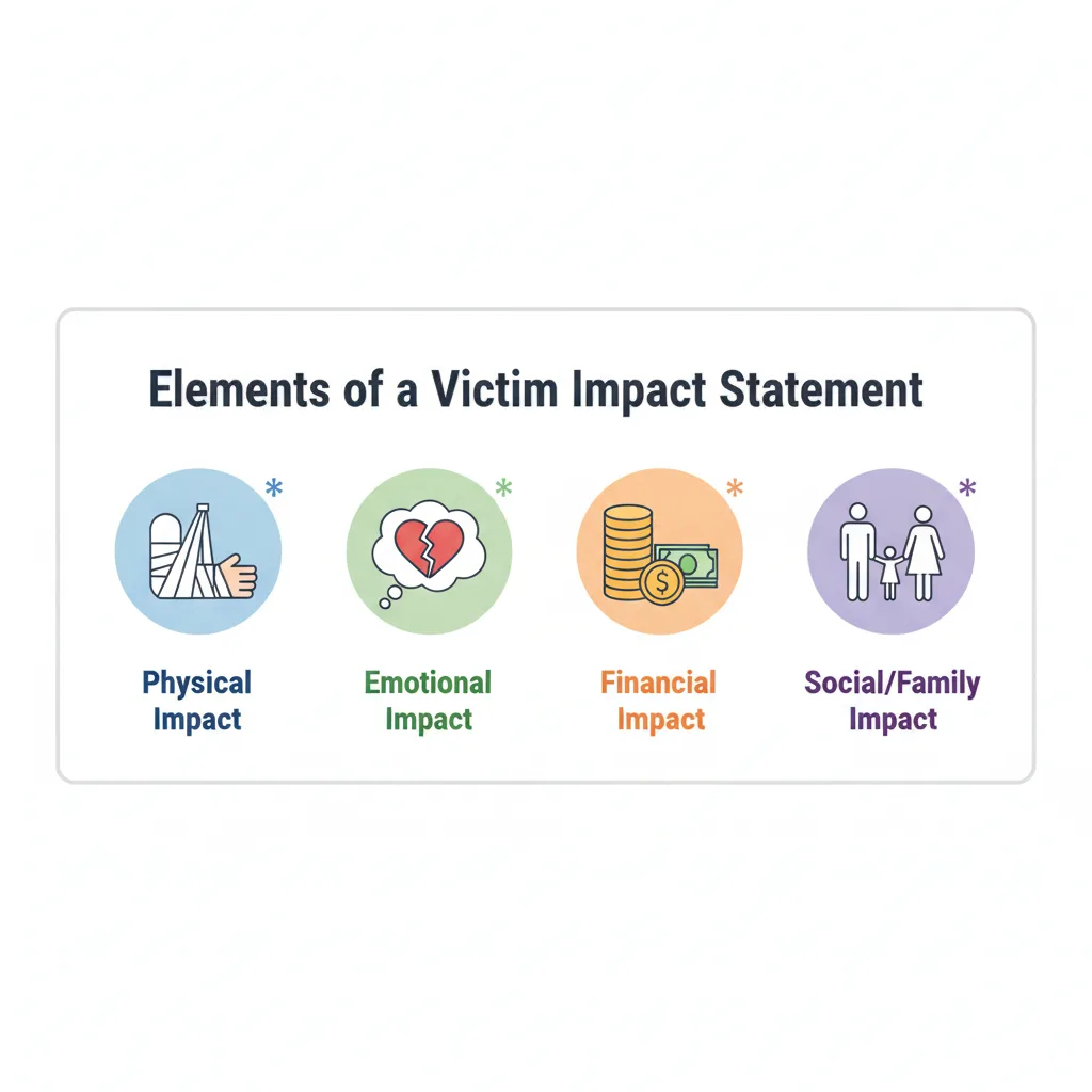Graphic showing icons representing physical, emotional, financial, and social impacts, which are key elements of a Victim Impact Statement.