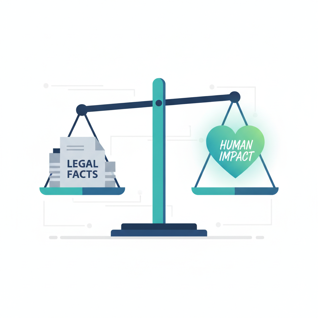 Illustration depicting the balanced consideration of legal facts and the human impact of a crime during sentencing.