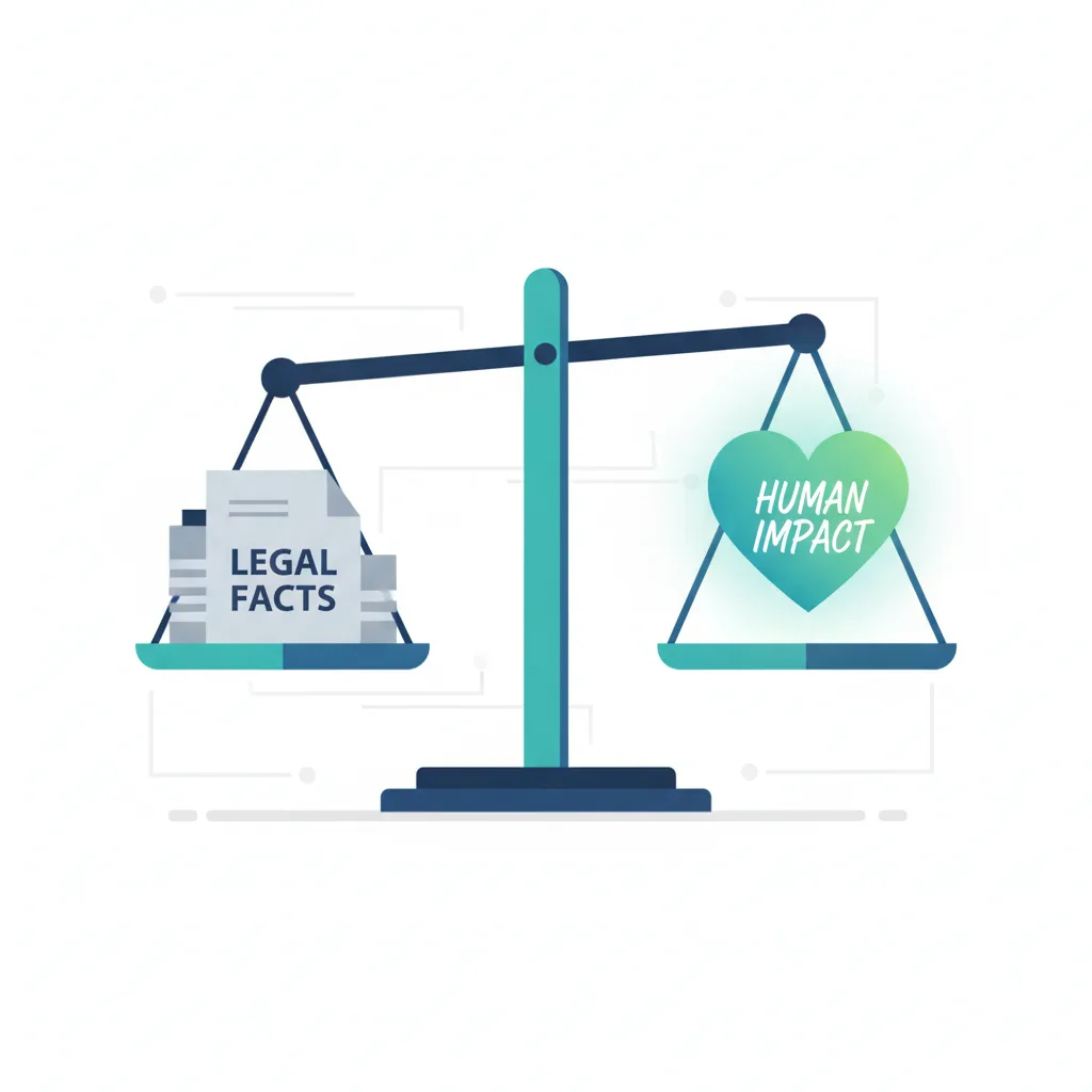 Illustration depicting the balanced consideration of legal facts and the human impact of a crime during sentencing.