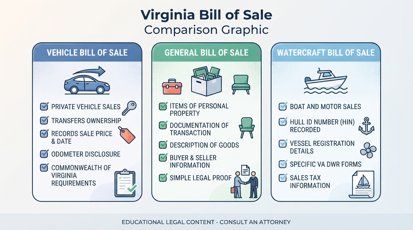 Comparison graphic explaining concepts related to a Virginia Bill of Sale.