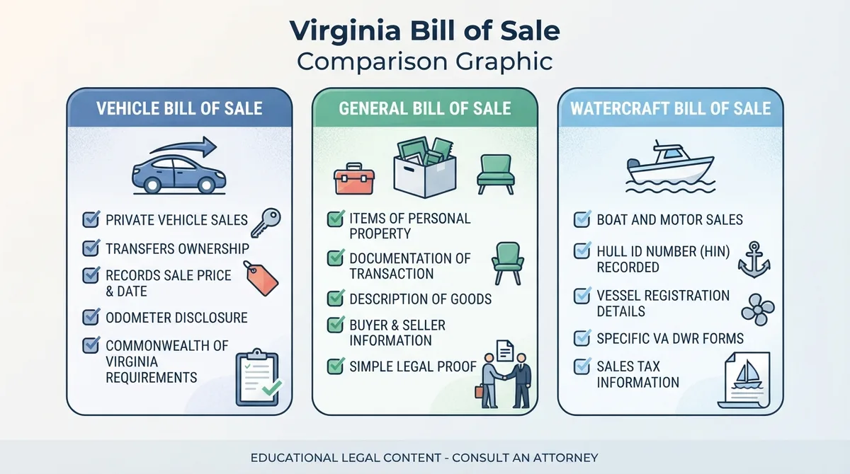 Comparison graphic explaining concepts related to a Virginia Bill of Sale.