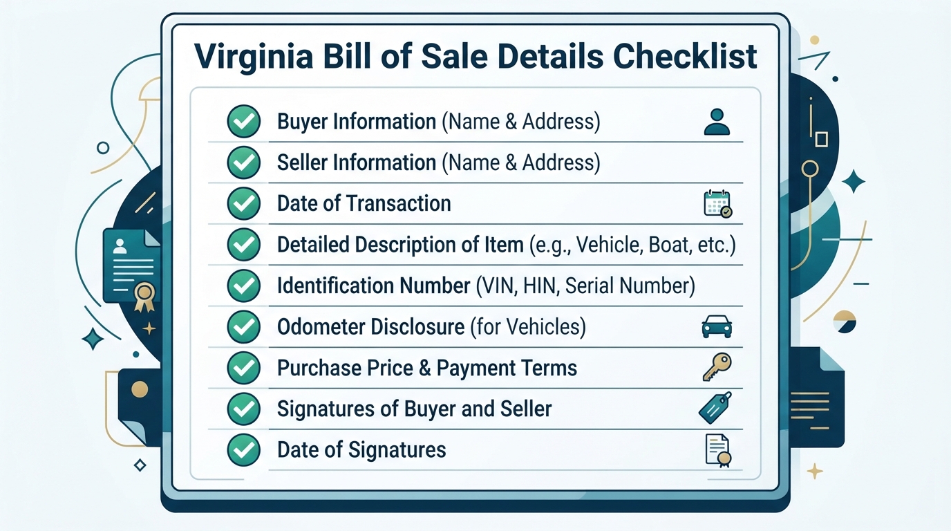Checklist of details commonly addressed in a Virginia Bill of Sale.