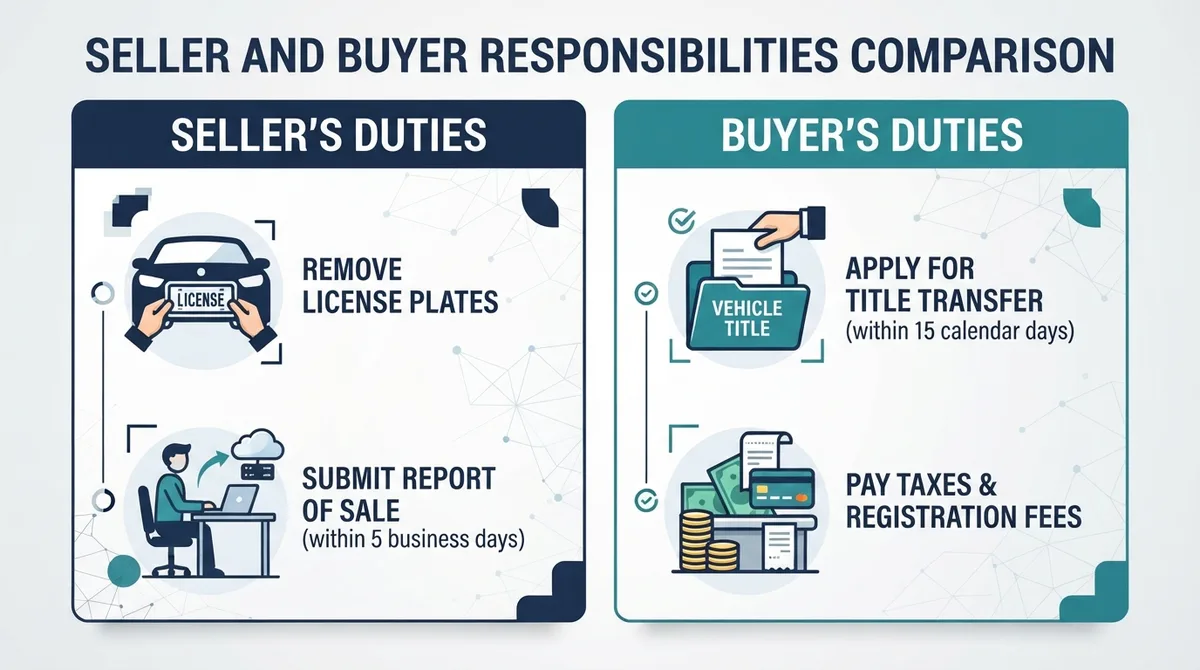 A comparison chart of seller and buyer responsibilities during a Washington vehicle transfer.
