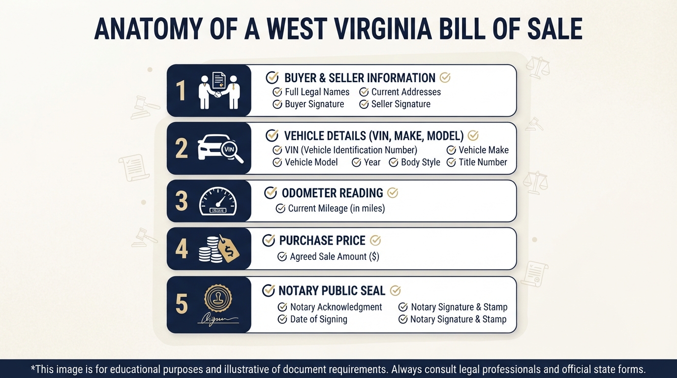 An infographic checklist showing the required elements of a West Virginia Bill of Sale.