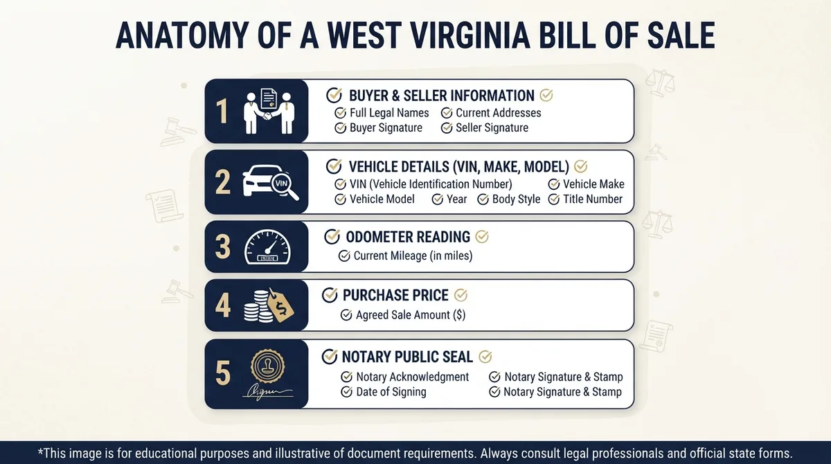 An infographic checklist showing the required elements of a West Virginia Bill of Sale.