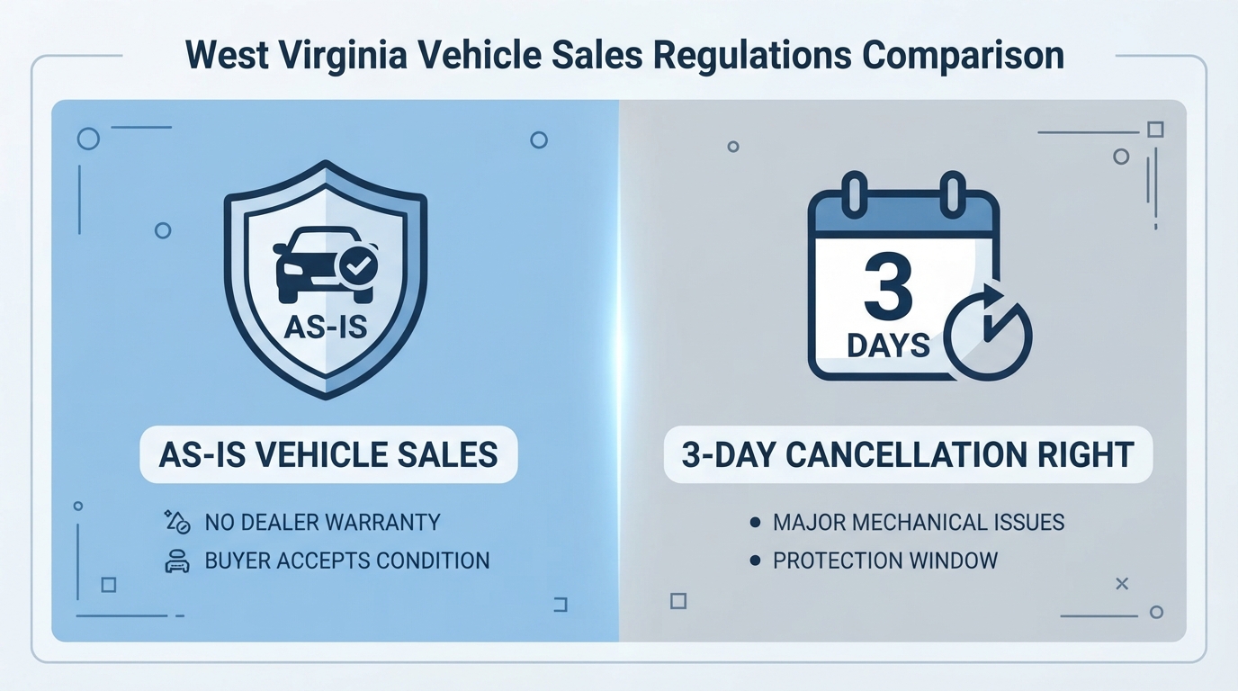 A comparison graphic showing West Virginia's as-is sales conditions alongside the three-day cancellation right.