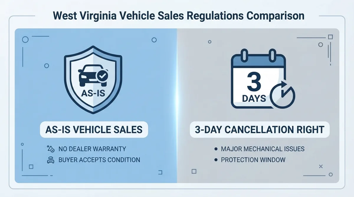 A comparison graphic showing West Virginia's as-is sales conditions alongside the three-day cancellation right.