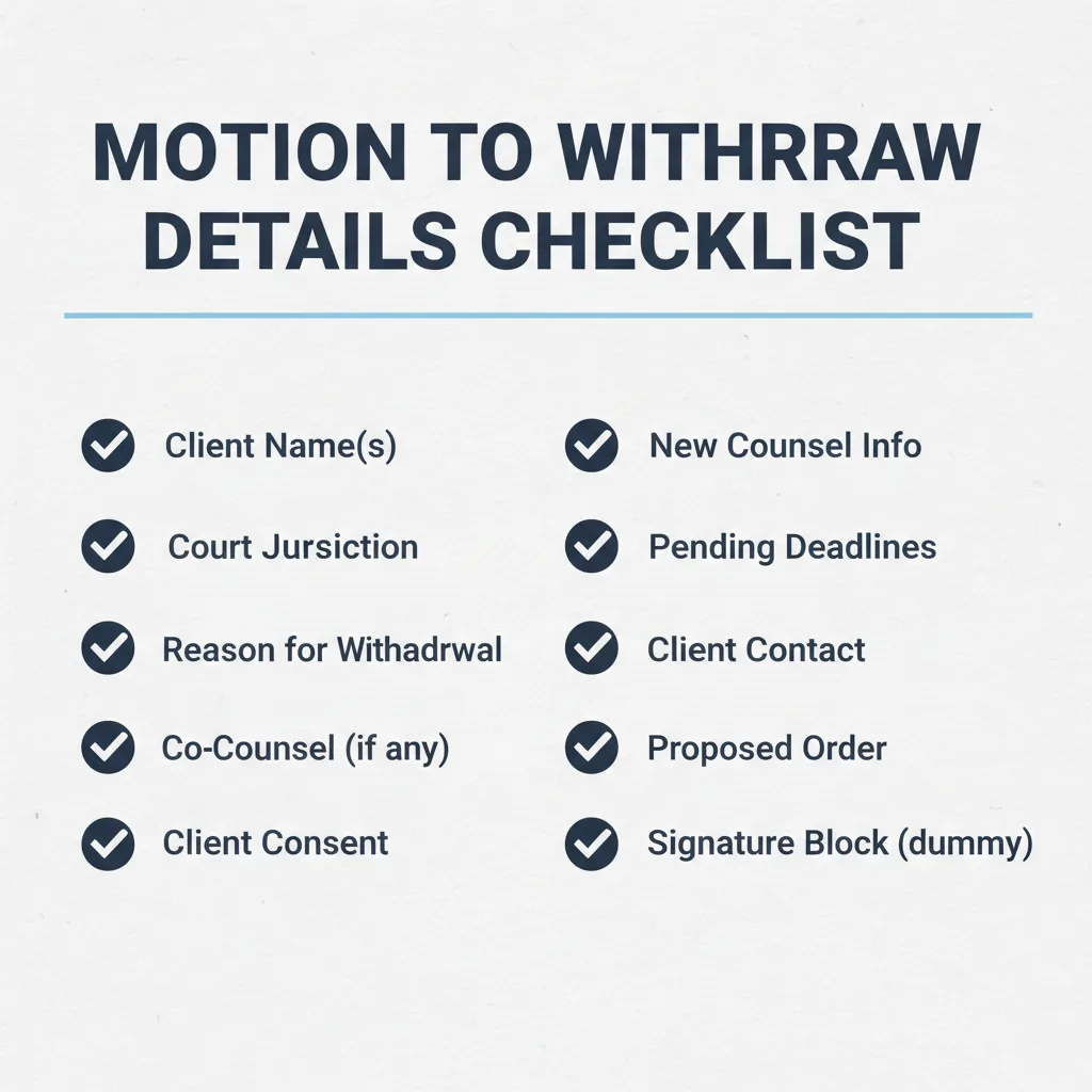 Checklist of details commonly addressed in a Motion to Withdraw.