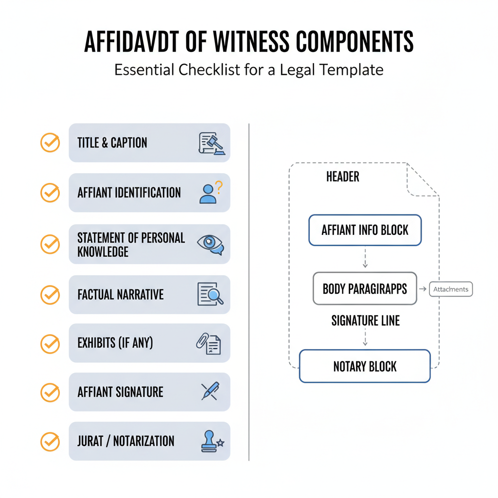Infographic showing the essential components of an Affidavit of Witness, including title, affiant details, factual narrative, signature, and notarization.