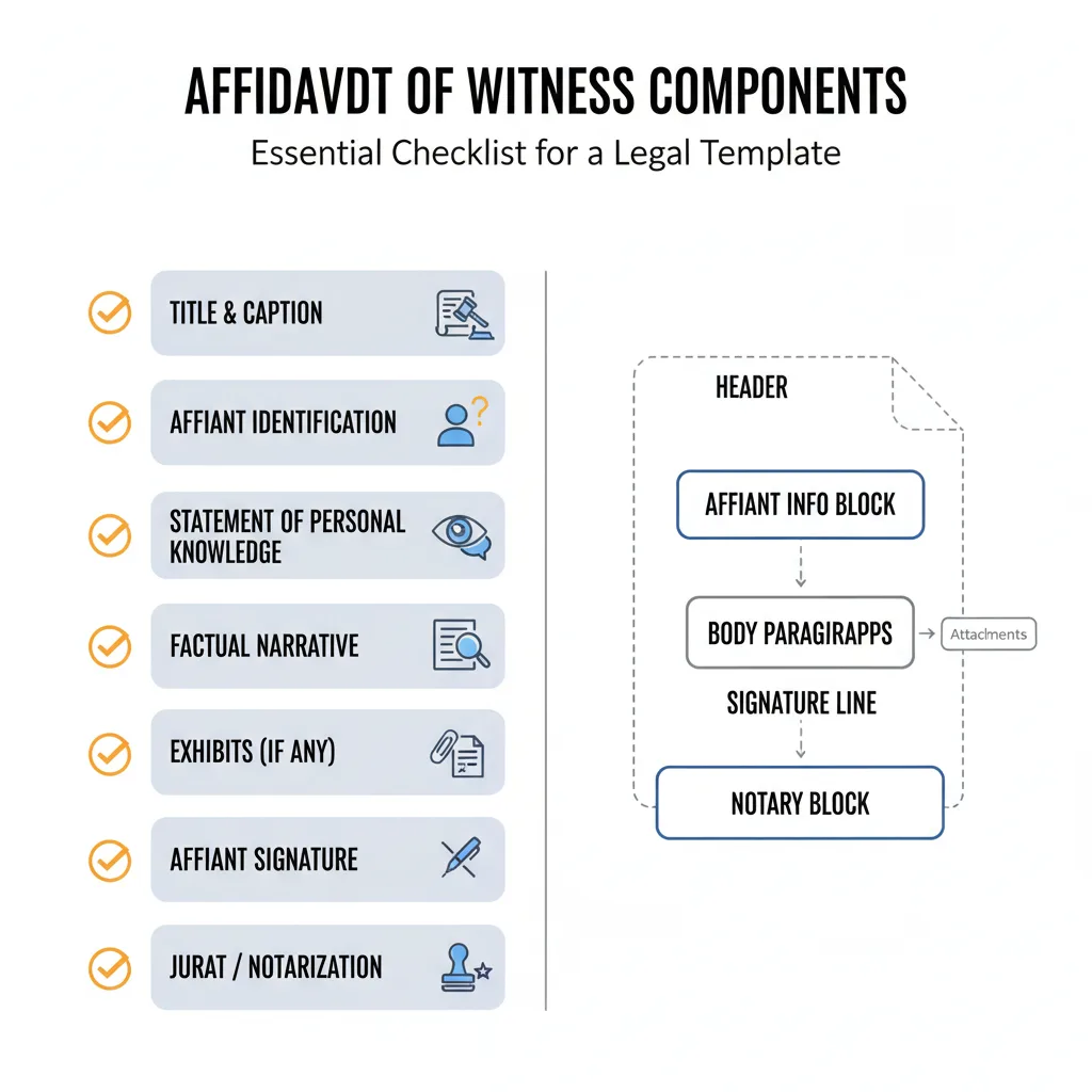 Infographic showing the essential components of an Affidavit of Witness, including title, affiant details, factual narrative, signature, and notarization.