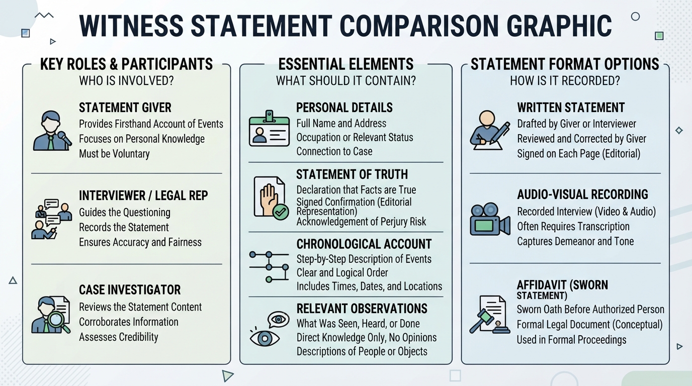 Comparison graphic explaining concepts related to a Witness Statement.