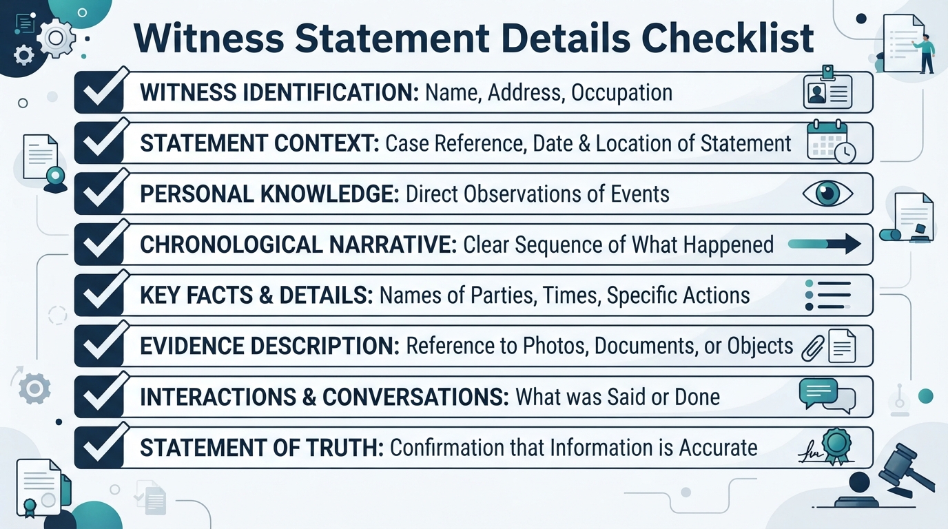 Checklist of details commonly addressed in a Witness Statement.