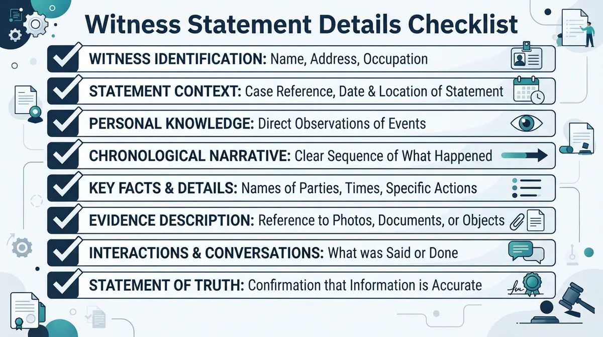 Checklist of details commonly addressed in a Witness Statement.