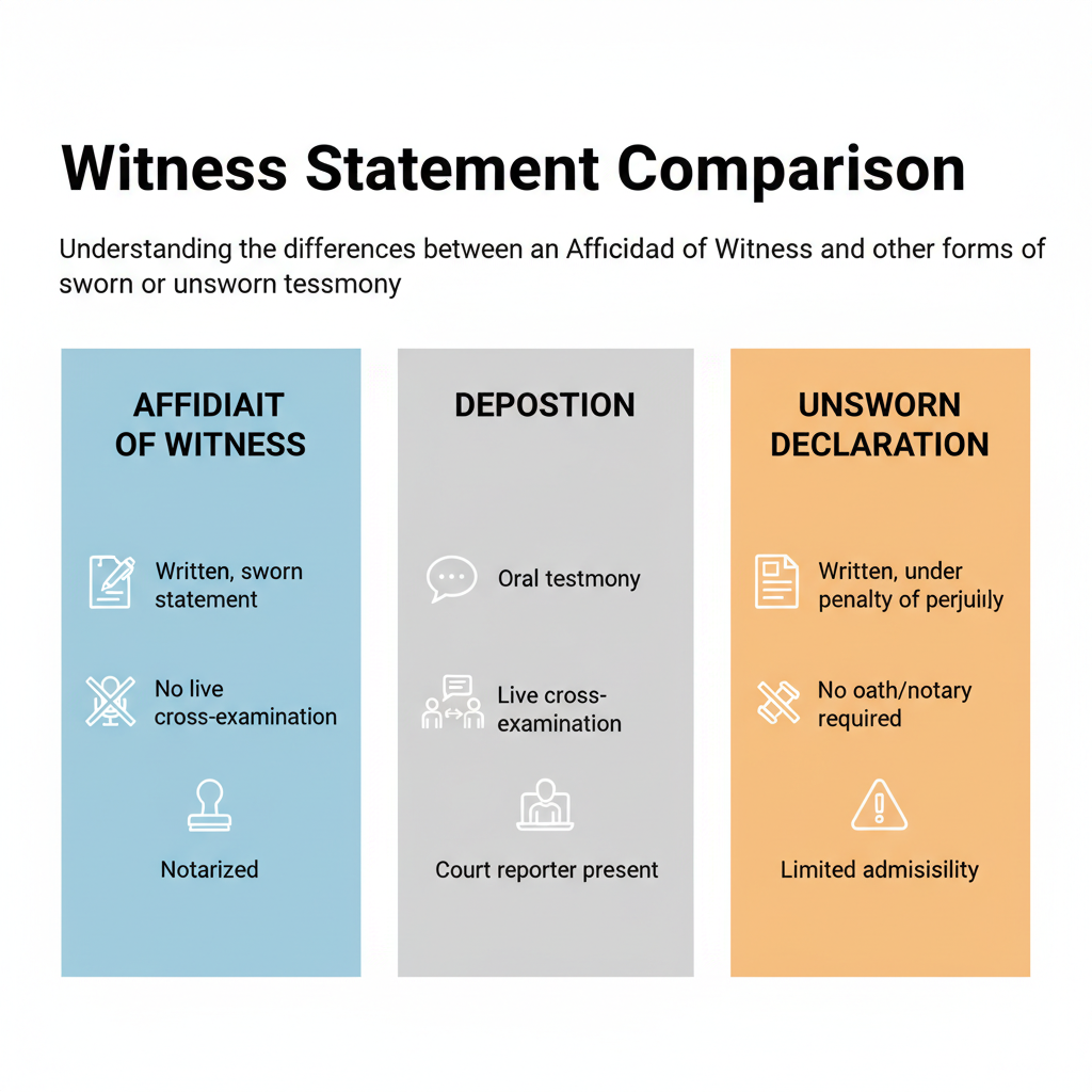 Comparison table illustrating the key differences between an Affidavit of Witness, a Deposition, and an Unsworn Declaration.