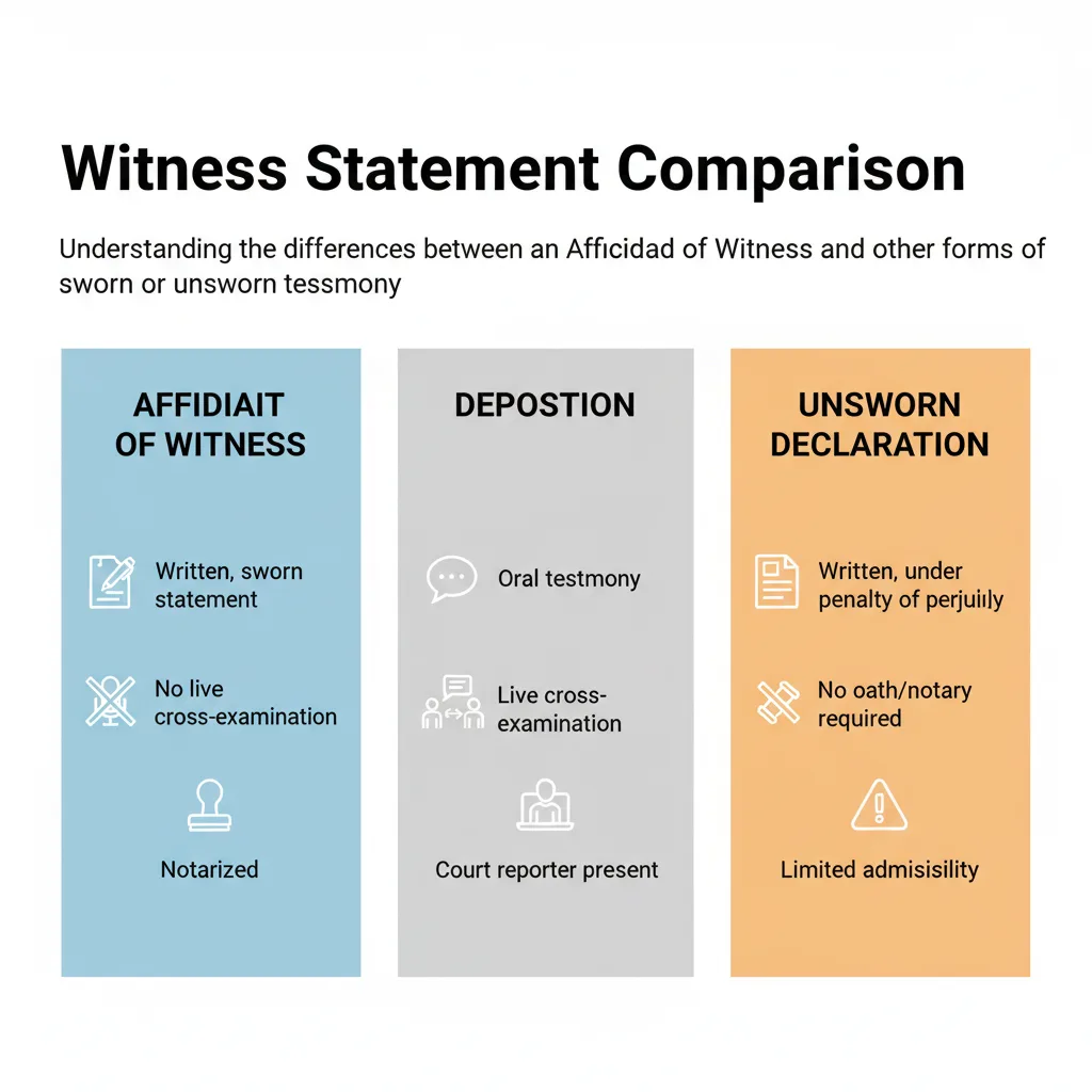 Comparison table illustrating the key differences between an Affidavit of Witness, a Deposition, and an Unsworn Declaration.
